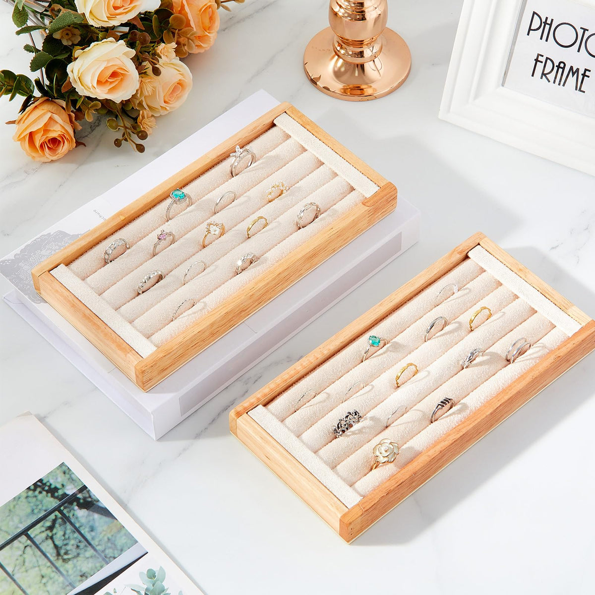Novabright 2 Pcs Bamboo Ring Holder, 5 Slot Rings Display Tray Stand, Jewelry Rings Earrings Tray Storage Organizer for Selling Retail Exhibitions (Beige)