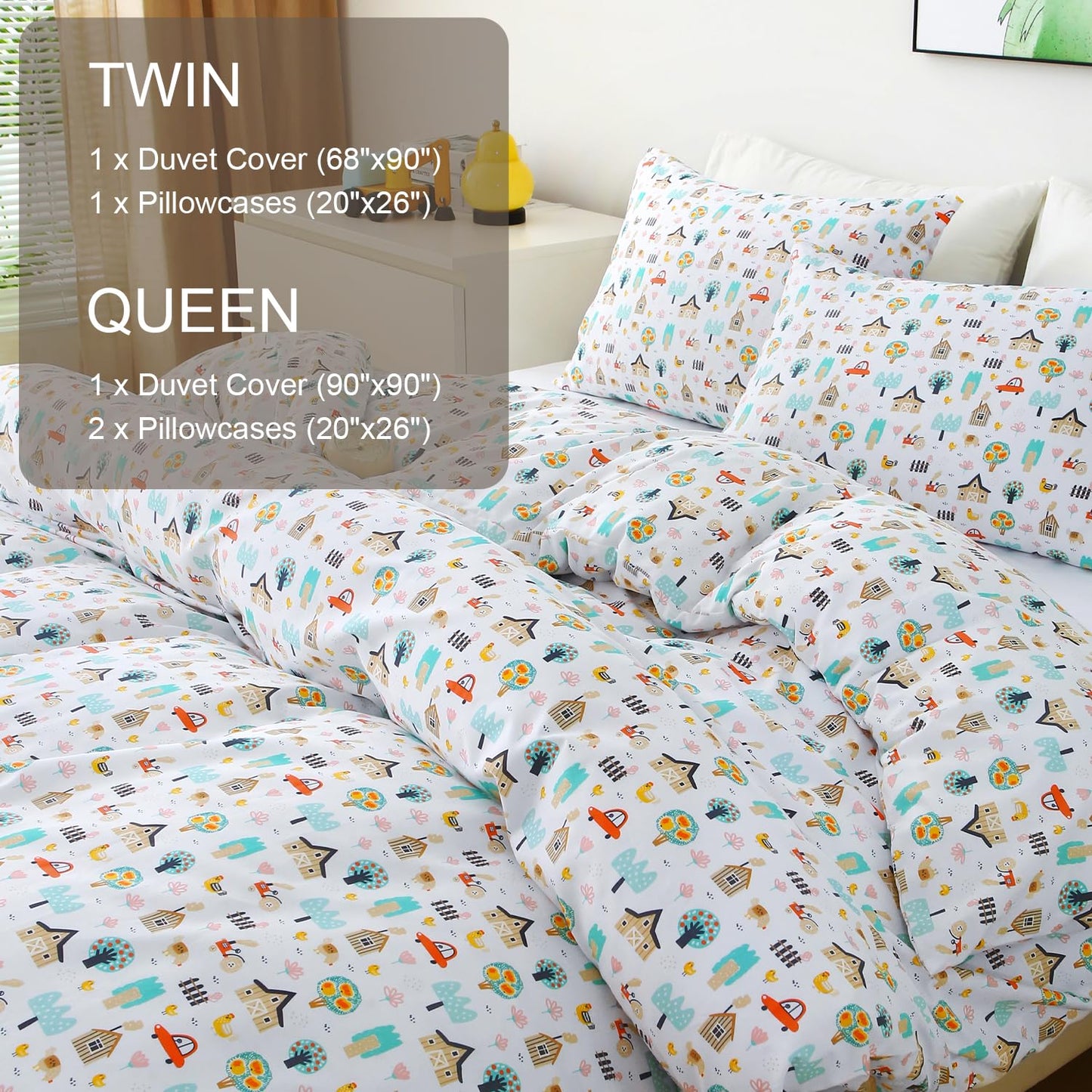 Ivellow Queen Duvet Cover Set Cottage White 100% Cotton Duvet Cover for Kids Cute Bedding Set 3Pcs Ultra Soft Breathable Kids Duvet Cover Patterned Cartoon Comforter Cover Boys Girls Toddler Teen