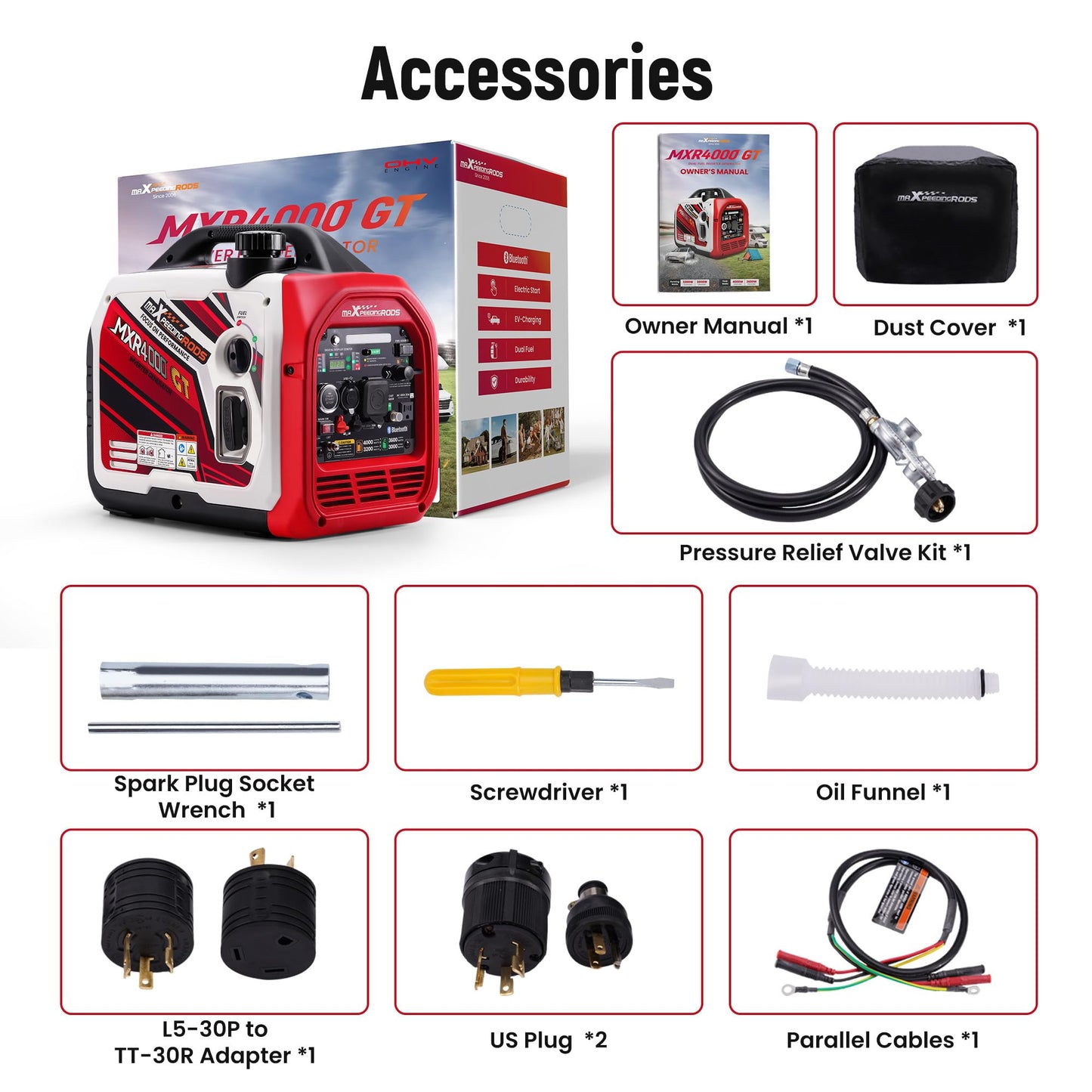 maXpeedingrods 4000 Watt Dual Fuel Inverter Generator with Bluetooth® Control Start and Display, RV Ready, Electric Start, Quiet for Outdoor Camping, Home Backup, Garden,PGMA Compliant