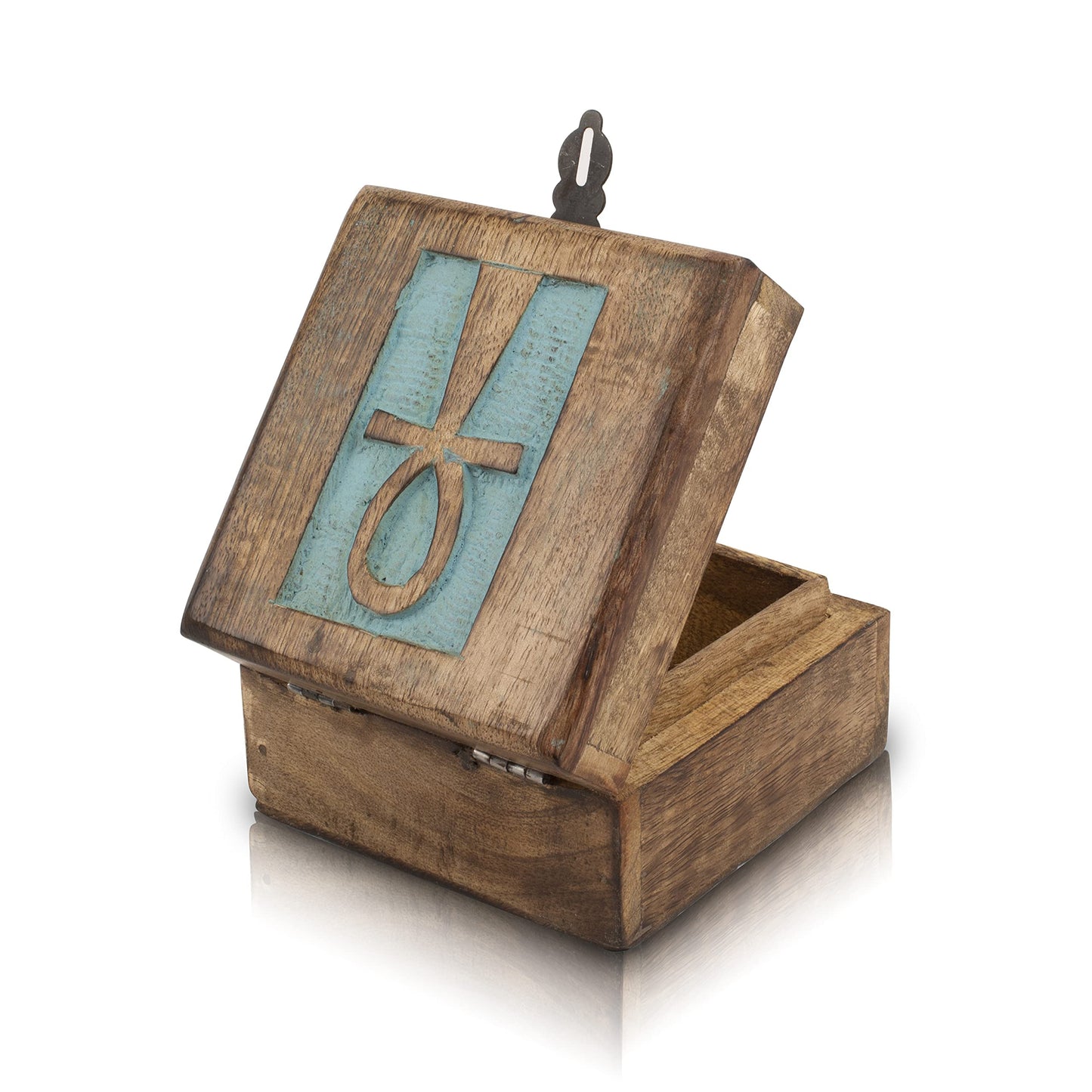 Handmade Decorative Wooden Jewelry Box With Ankh Carving Jewelry Organizer Keepsake Box Treasure Chest Trinket Holder Watch Box Storage Lock Box 4 x 4 Inches Housewarming Gifts (Blue)
