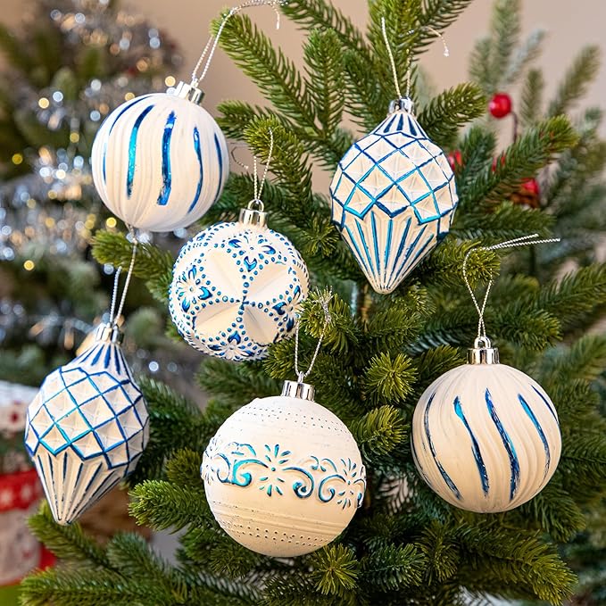 16PCS Shatterproof Christmas Ball Ornaments Set, Hand-Painted Holiday Decor with Assorted Sizes & Designs for Christmas Tree Thanksgiving Party Decoration, Blue-White