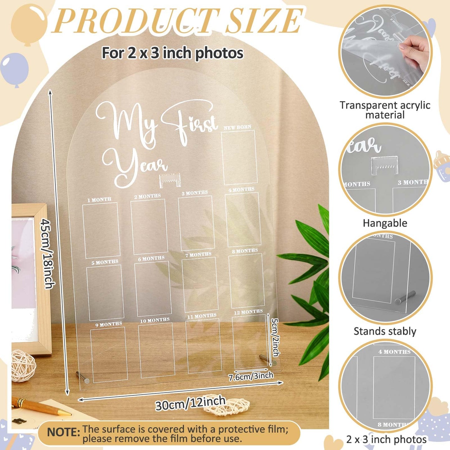 Lineshading My First Year Photo Frame Acrylic 18 x 12 Inch Large 12 Monthly Milestone Photo Board Picture Frame Display Hanging/Standing Baby Memories Collage Gift for 1st Birthday Newborn Keepsake