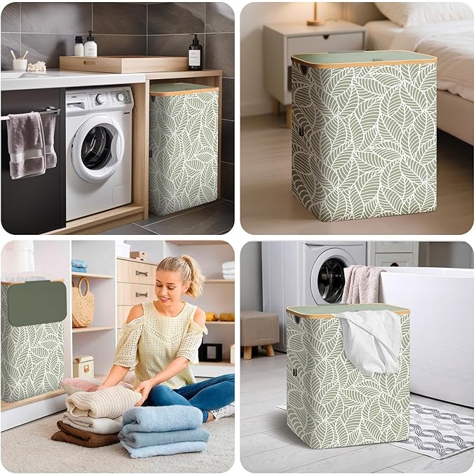 BALEINE Laundry Hamper with Lid, Tall Laundry Baskets with Bamboo Pull Handles