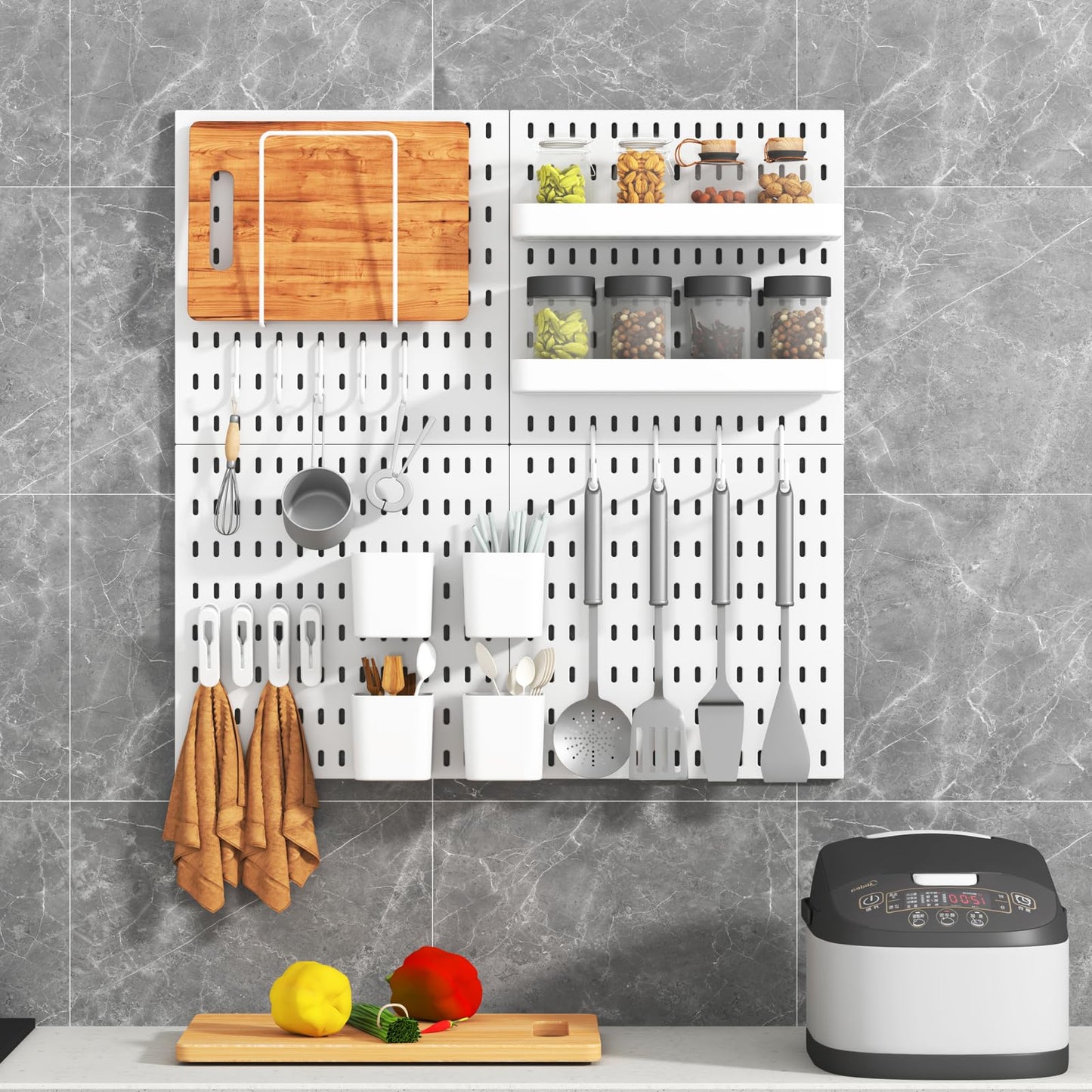 VEOFEMLEA Peg Board Combination Kit, 4 Pegboards with 20 Accessories, Pegboard Wall Organizer for Office, Nursery & Home Storage, Key Holder, 25.6"x25.6" – Nail-Free Installation(White)