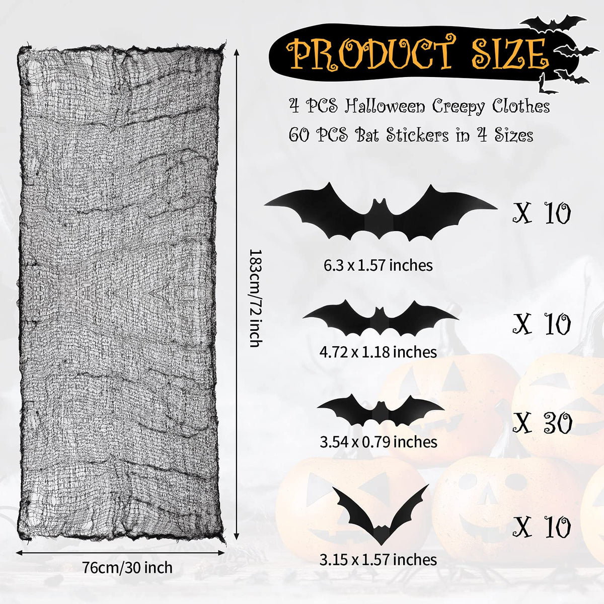 Tegeme 4 Pieces Halloween Black Creepy Cloth 30x72 Inch Spooky Scary Cheesecloth Freaky Polyester Gauze Cloth with 60 Pieces 3D Bat Sticker for Halloween Party Outdoor Yard Wall Decoration