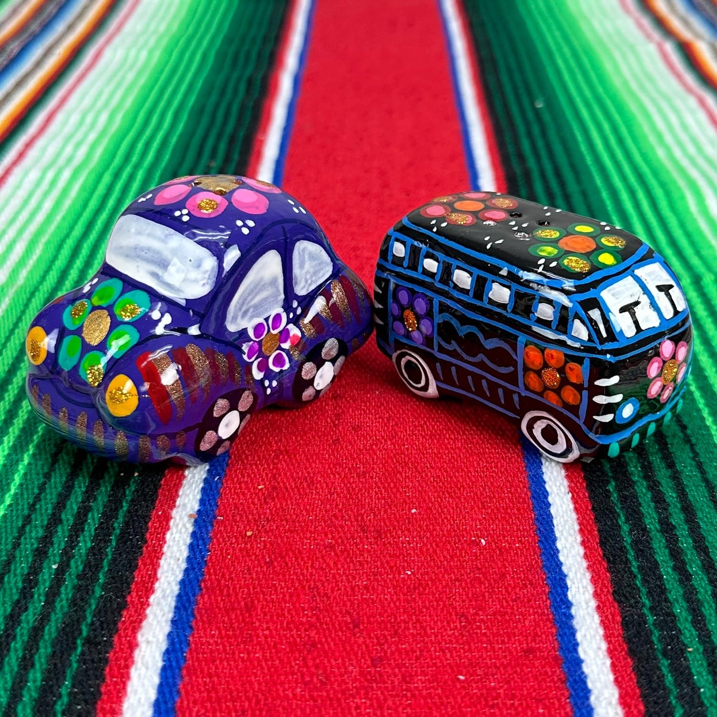 FFX Artesania Mexican Salt Shaker - Retro 60's Hippie Artisan Car and Mini Bus Design - Carrito y Autobus - Handcrafted Saleros de Ceramica Carro y Camion Set - Vibrant Colors Hand Made