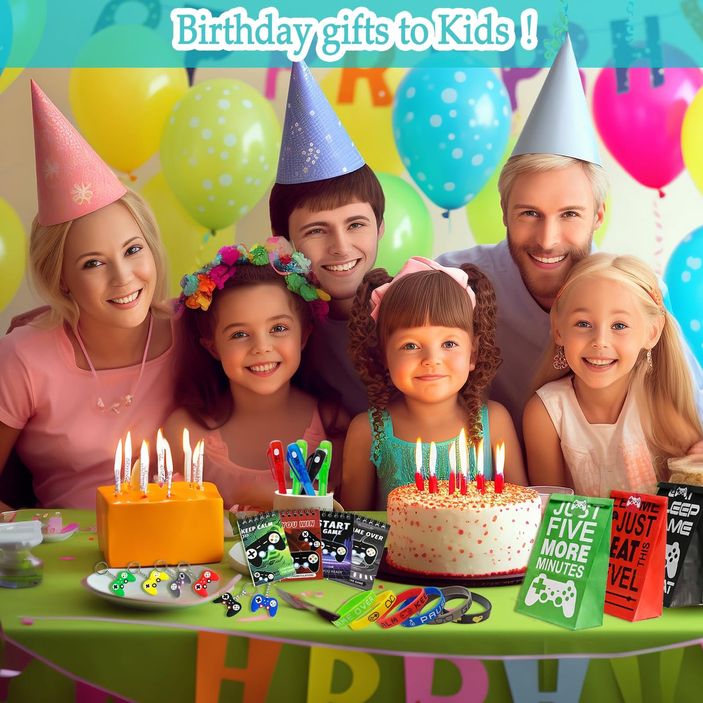 EODVICS 120 Pcs Video Game Party Favors for Kids - Goodie Bag Stuffers with Invisible Ink Pens, Mini Notebooks, Silicone Bracelets, Controller Keychains, Gaming Birthday Party Supplies