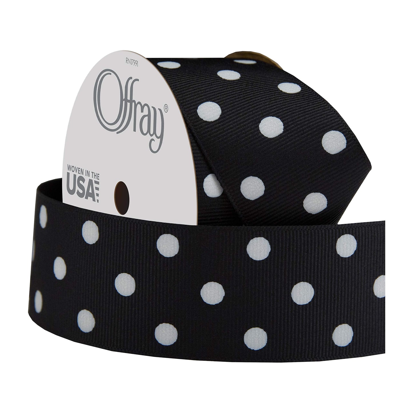 Offray 945889 1.5" Wide Grosgrain Ribbon, Black and White Polka Dot, 3 Yards