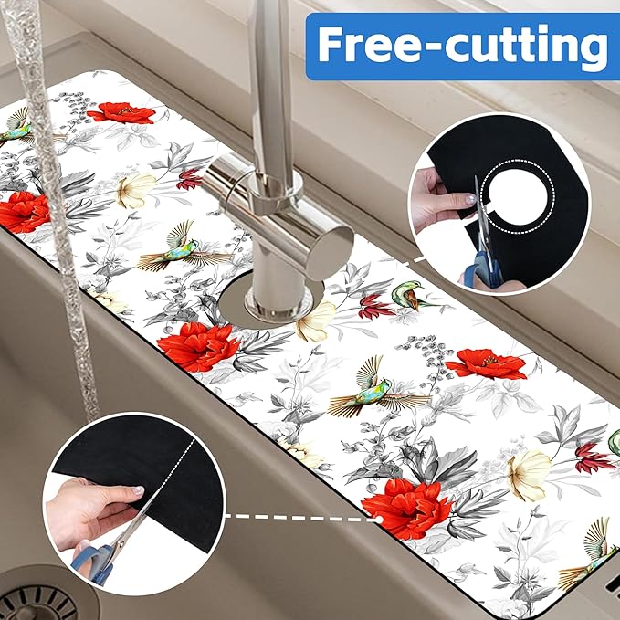 Poppy Wildflower Nightingale Sink Faucet Absorbing Mat Sink Splash Guard Faucet