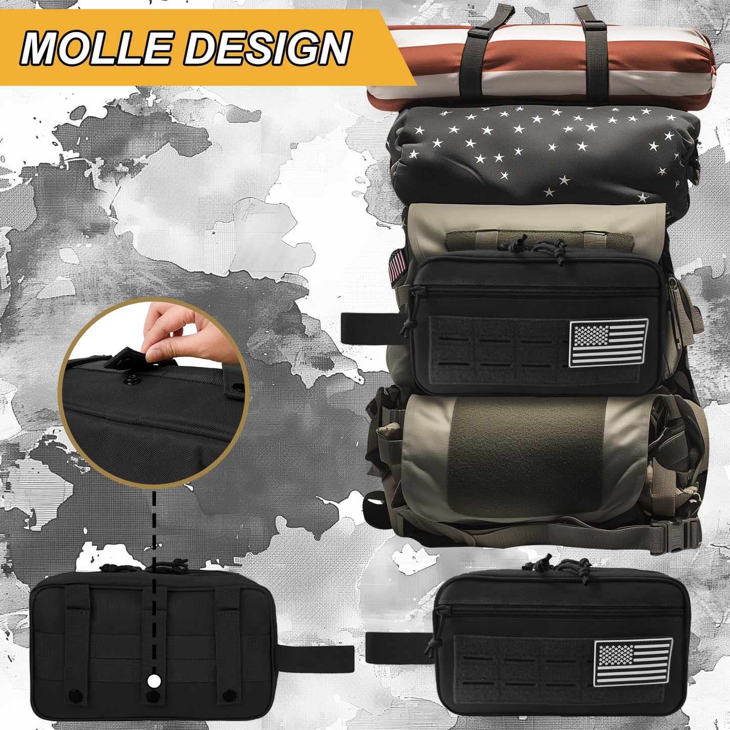 KOZEVARNY Tactical Toiletry Bag For Men,Molle Utility Pouches with US Flag Patch and Keychain,EDC Tool Pouch Bag, Mens Shaving Kit Travel shower Bags (Black)