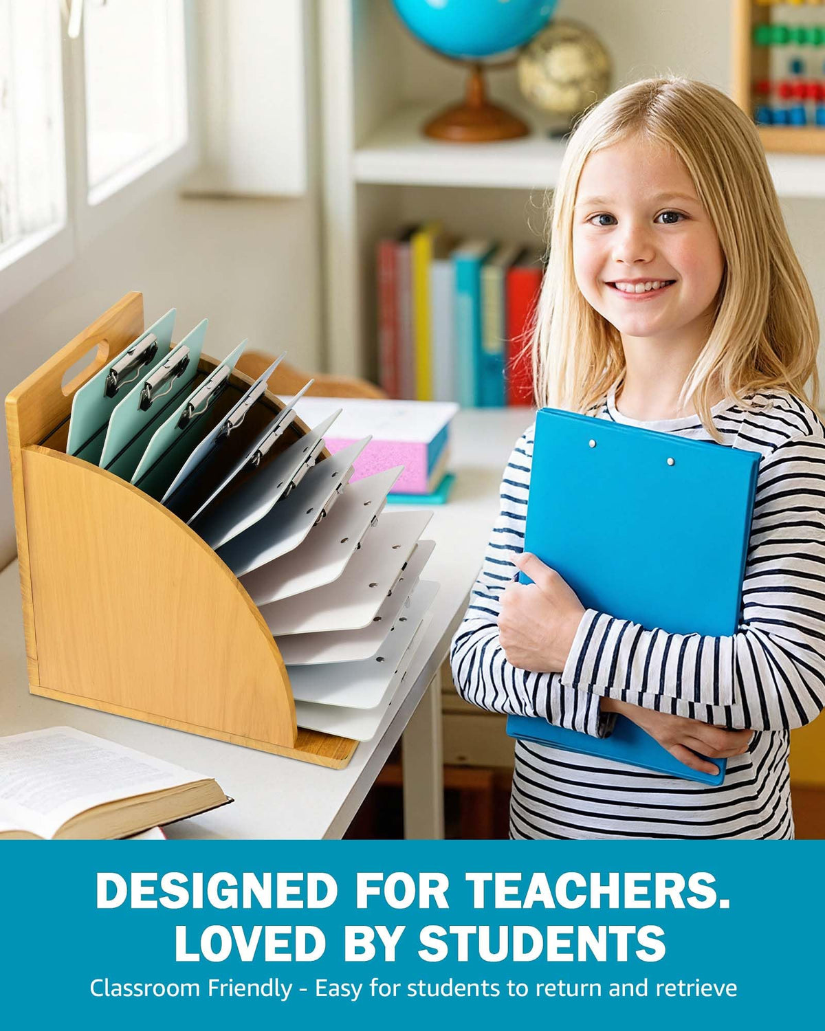 HULISEN 2 Pack Clipboard Holder for Classroom & Office, Wooden Clipboard Storage Organizer with Raised Side Panel & Metal Slots, Wood Clip Board Stand Rack – Clip Board Not Included