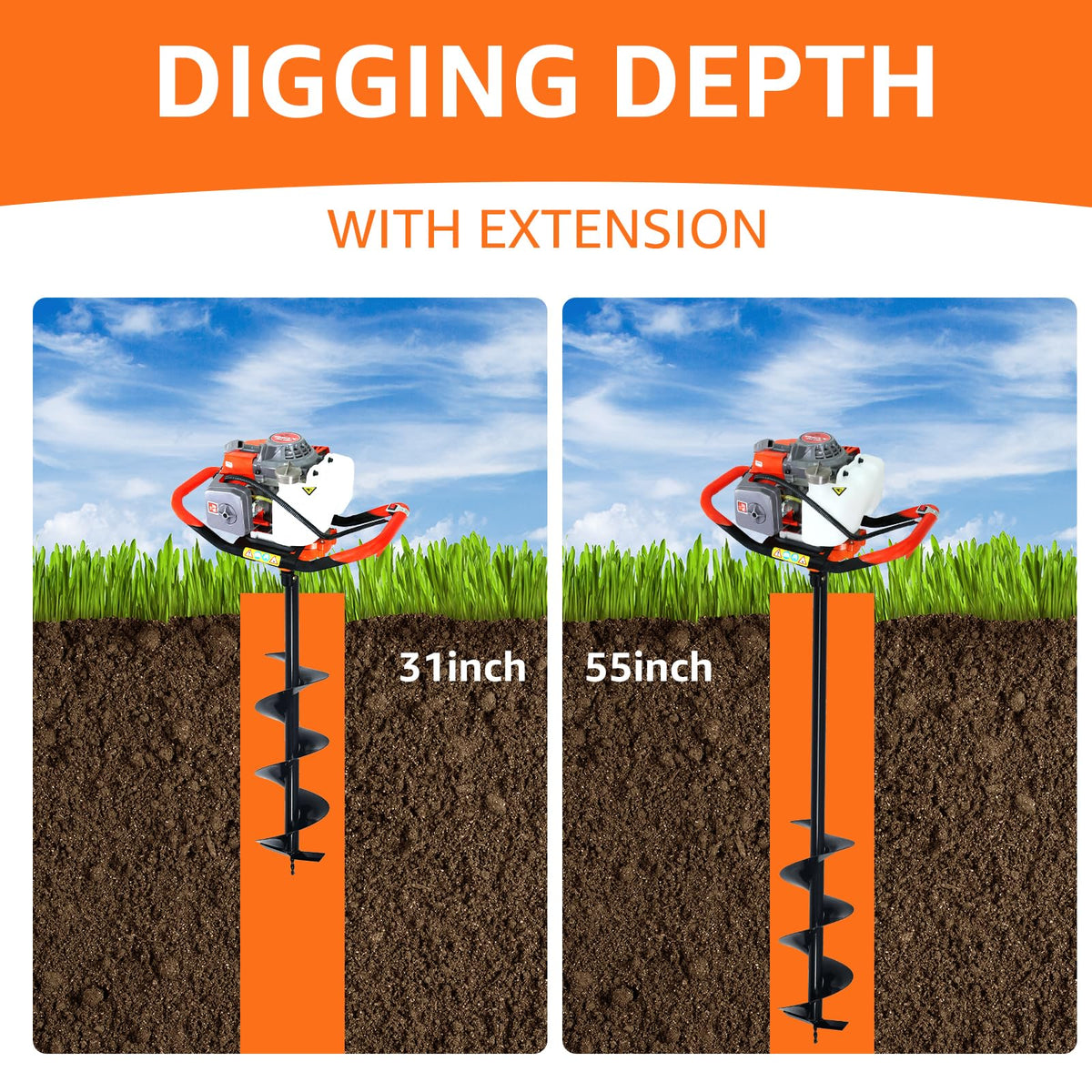 XJADQW 72CC 2-Stroke Gas Powered Post Hole Digger with 4" & 6" & 8" Auger Bits + 8“ & 12" & 20" Extension Rod, Heavy Duty Earth Auger for Farm, Garden, Landscaping, Construction