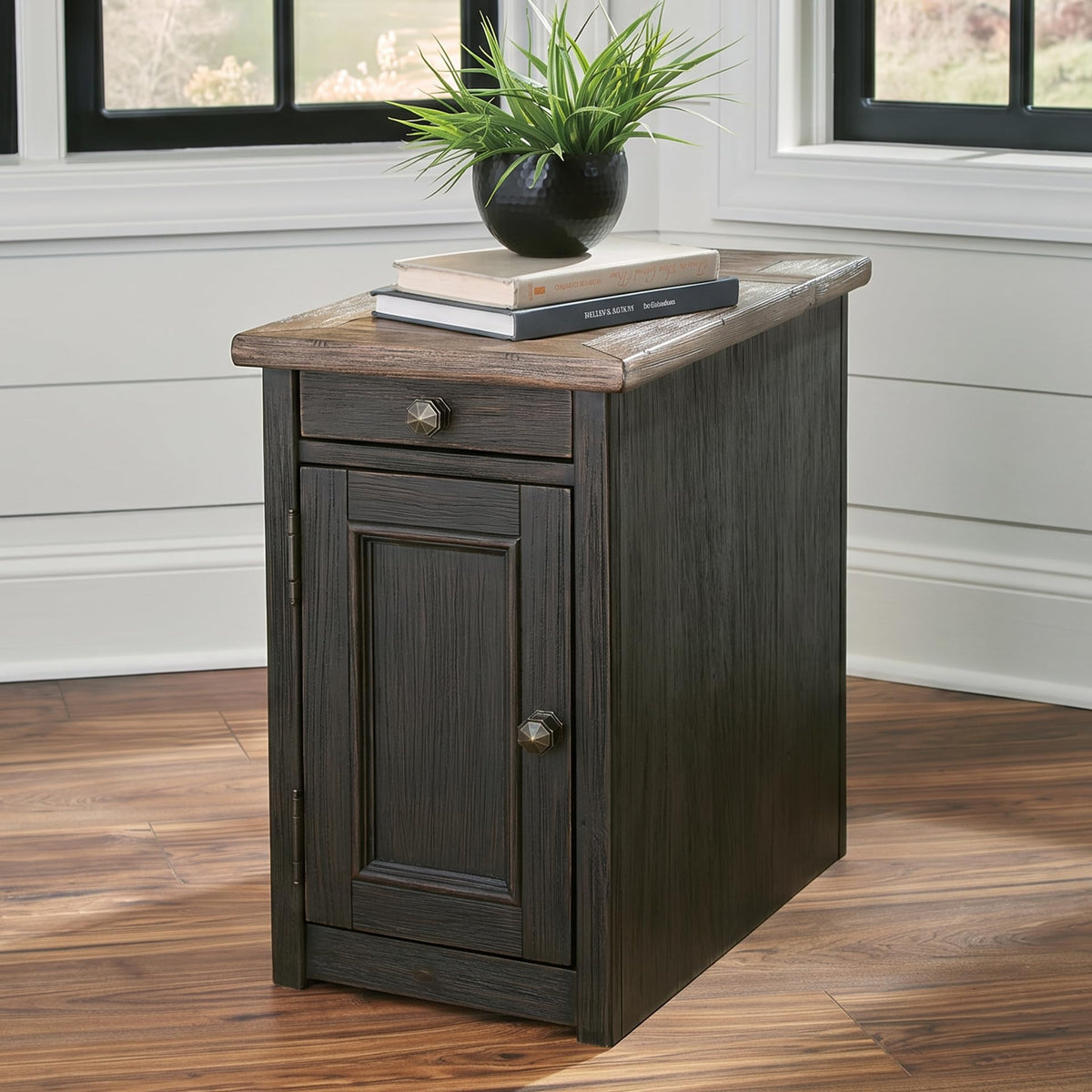 Signature Design by Ashley Tyler Creek Rustic Chair Side End Table with Pull-Out Tray & USB Ports, Brown