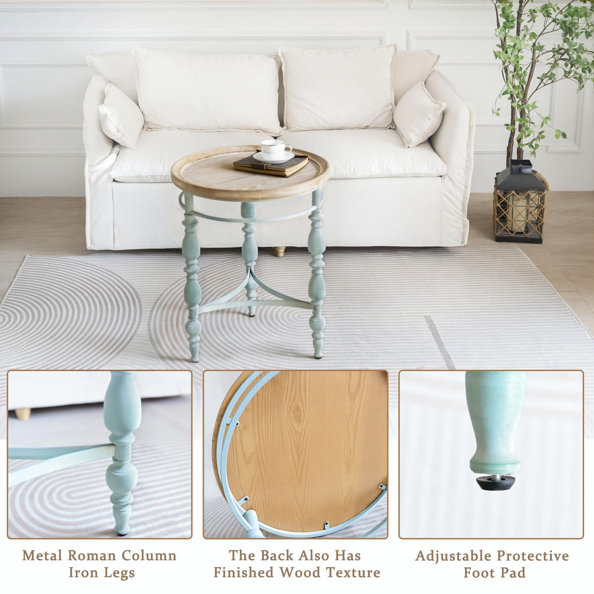 TIMBERMAVEN Rustic Farmhouse Round End Table, French Country Vintage Side Table,φ20.1'' x 23.6''H Rustic Solid Wood with Vintage Iron Legs, for Living Room, Bedroom, Small Spaces,Nature White