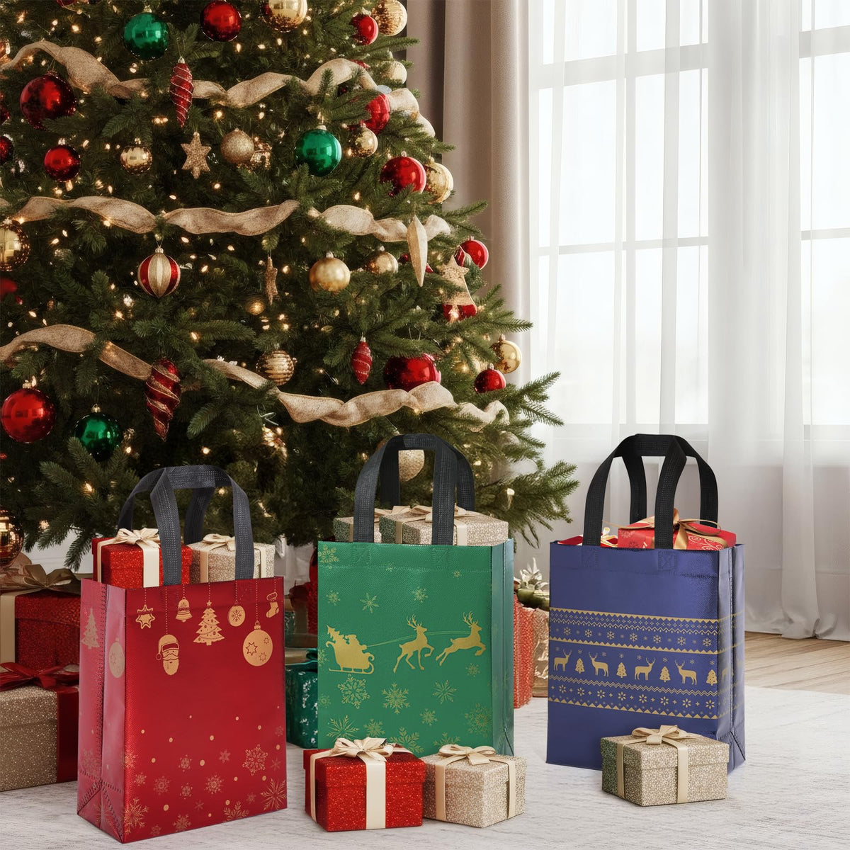 STYPOP 16 Pack 10" Christmas Gift Bags Medium Size with Tissue Paper, Reusable Non-Woven Christmas Tote Bags with Handles, Perfect for Holiday Gift Wrap/Party Favor Supplies, 10.2" Ć 8.3" Ć 4"