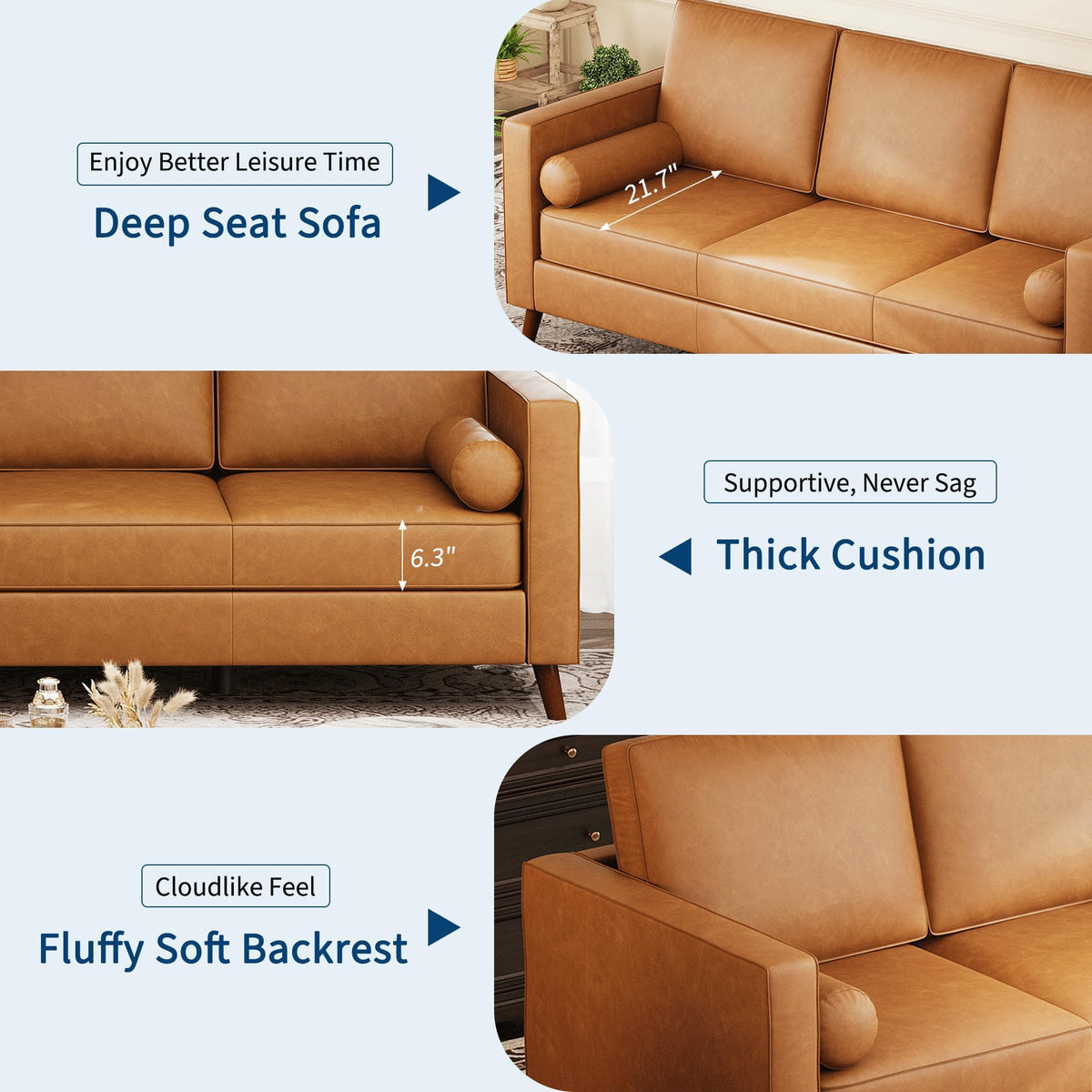 GarveeHome 86" Modern Leather Sofa for Living Room, Mid-Century Couch with Deep Seats, Brown Faux Leather Couch, 3 Seat Sofa with Removable Cover for Apartment, Office, Cognac Tan