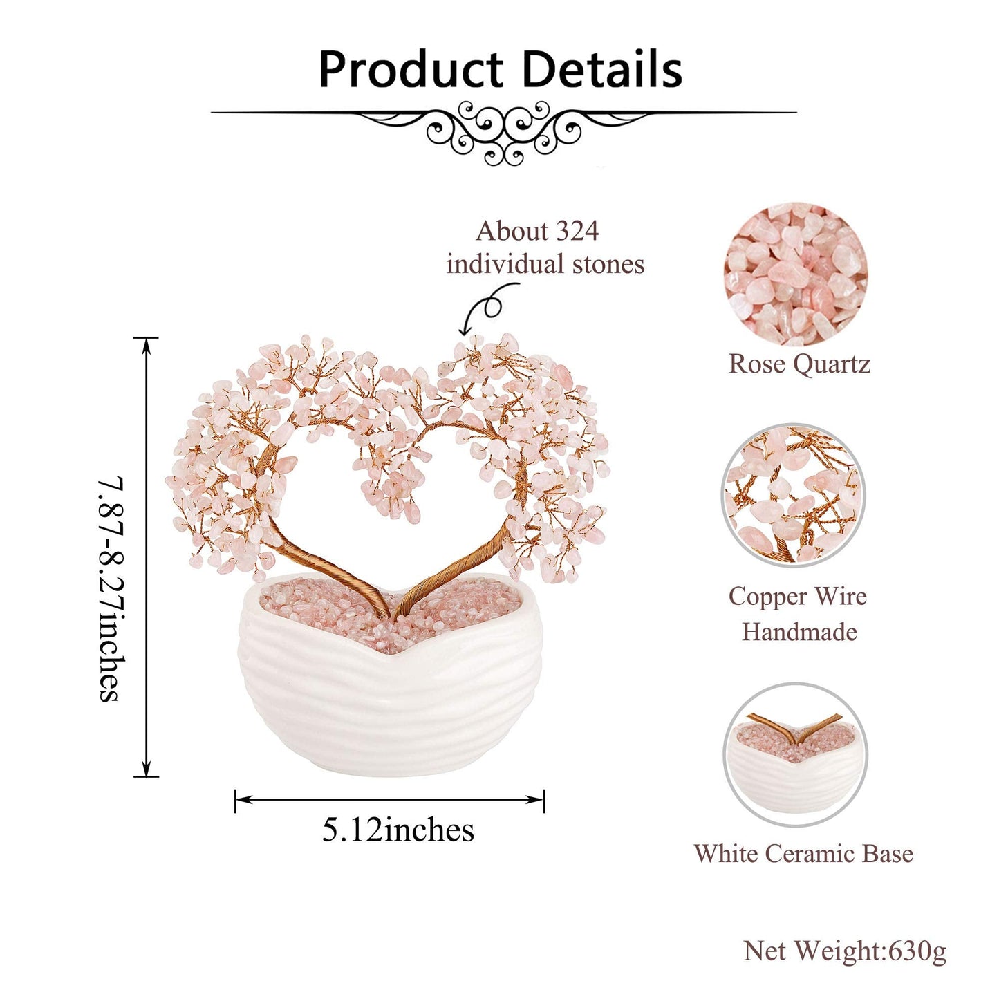 Jovivi Rose Quartz Crystal Heart Money Tree Healing Gemstone Bonsai Tree for Wedding Ceremony Reiki Balancing Energy Meditation Feng Shui Wealth & Good Luck Home Indoor Office Decor 7.87"-8.26"