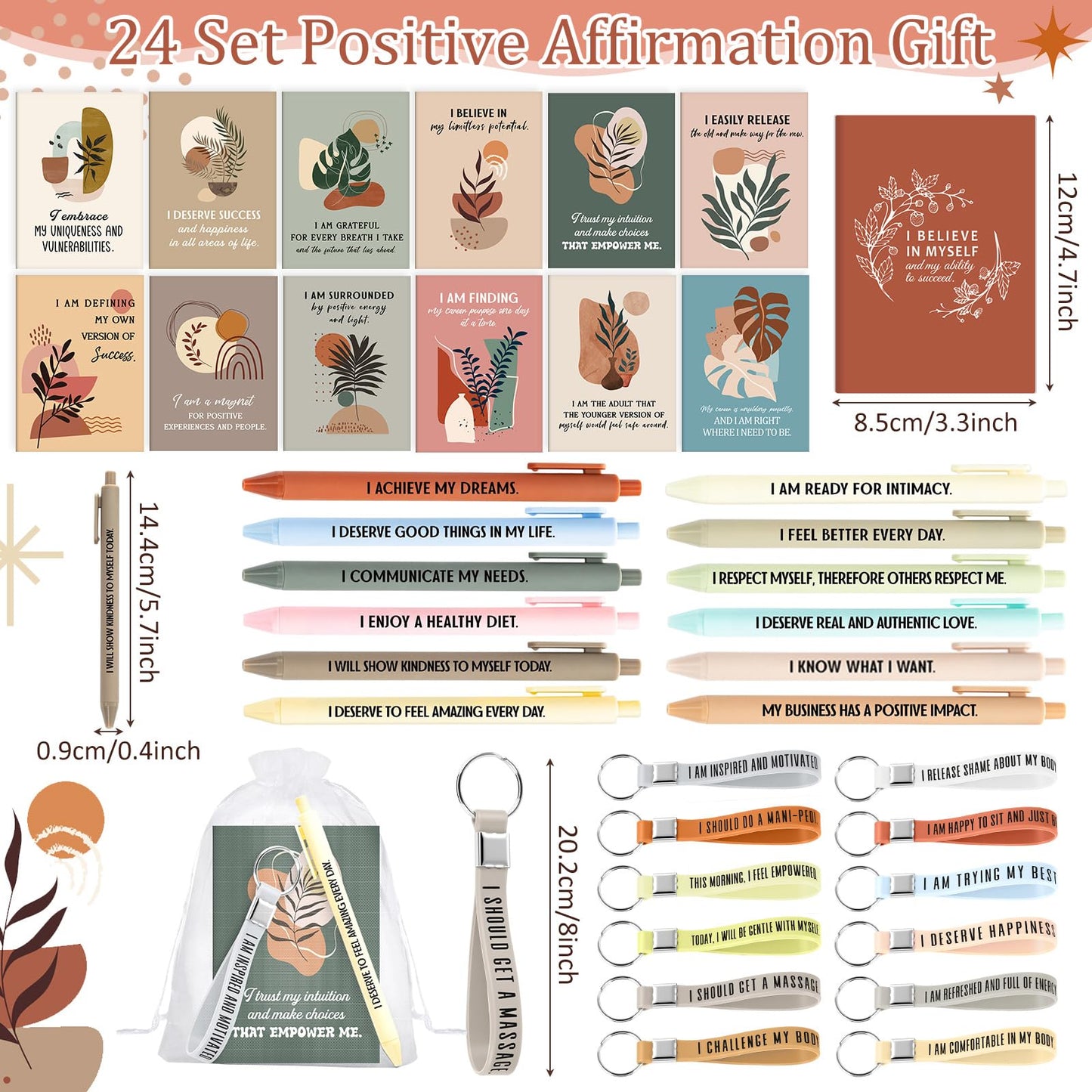 Mooliwe Positive Affirmation Gift Set Gratitude Notebooks with Pens Keychains Small Bags Motivational Party Favors for Adult Women Coworkers Employee Group(24 Set,Plant)