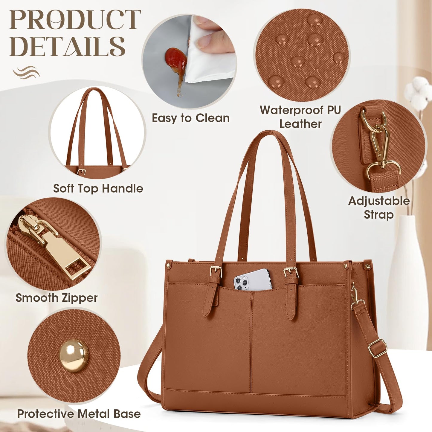 RAINSMORE Lunch Tote Bag for Women 15.6 Inch Laptop Bags with Insulated Lunch Compartment Large Leather Quilted Computer Tote for Teacher Nurse Work Collage Casual Brown