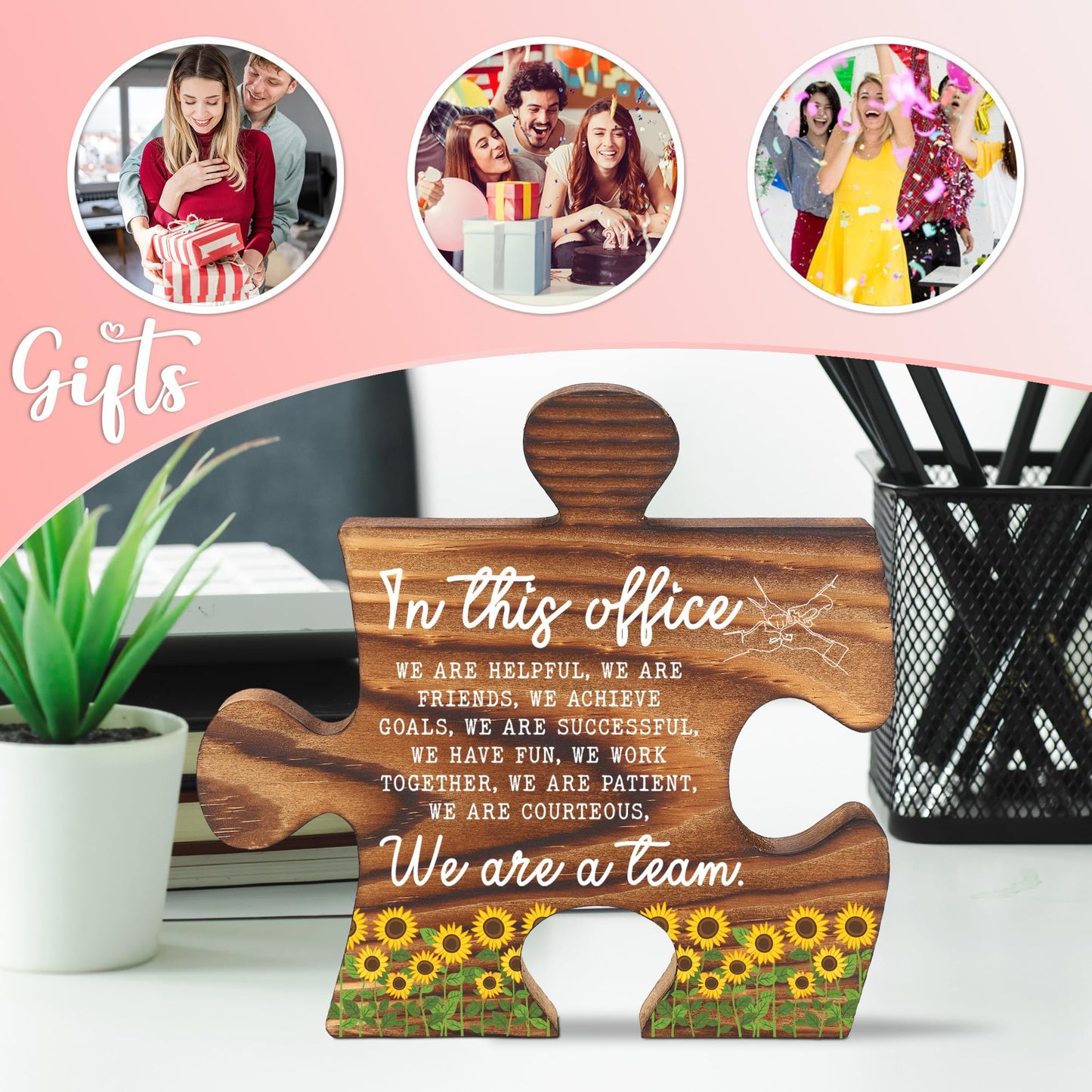In This Office Puzzle Desk Sign with Sunflowers, Teamwork Quote Office Decor Gift for Coworkers Boss, Inspirational Thank You Gift for Colleagues Women Men, Work Desk Display Plaque - FSE369