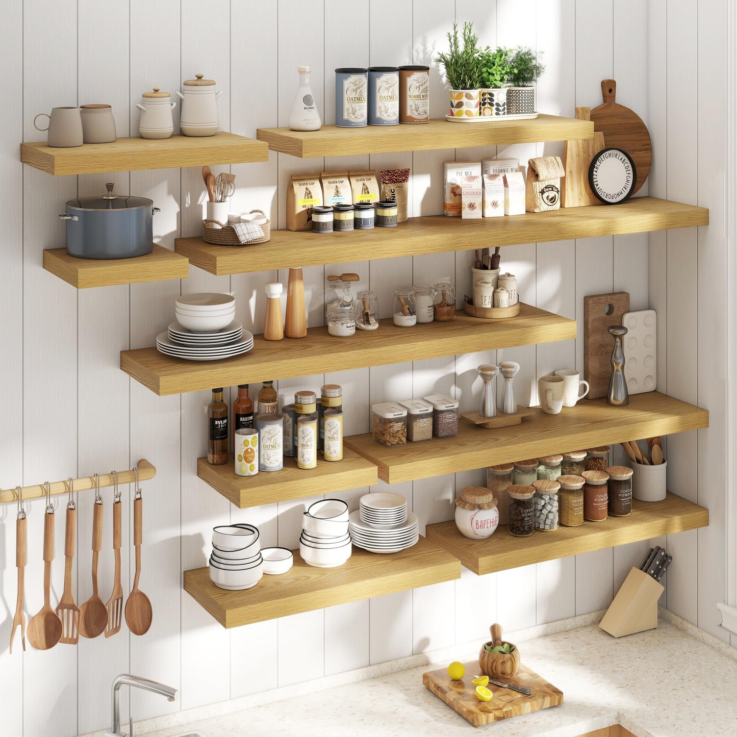 24 Inch Floating Shelves for Wall Set of 2, 12"D Wood Grain Bathroom Shelves with Invisible Brackets, Easy Install Engineered Wood Storage Shelves for Kitchen, Living Room, Bedroom, Oak Finish
