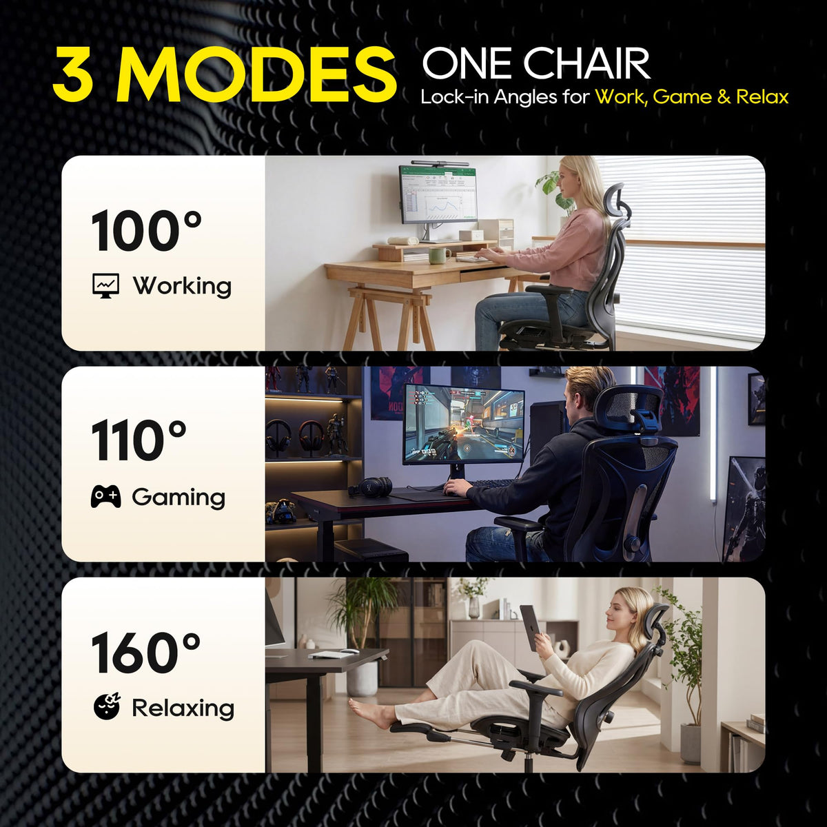 CYKOV Ergonomic Office Chair with Footrest - Adjustable Lumbar Support & Headrest, 90-160° Reclining Mesh Back Computer Chair - Home Office/Gaming, 350lbs Capacity (B-Black, Mesh)