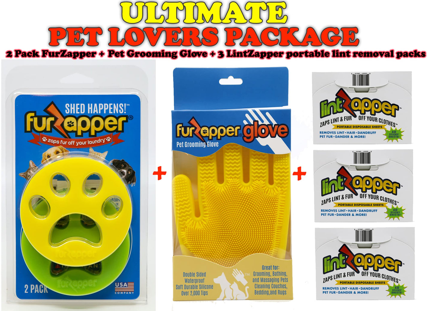 Ultimate Pet Owner Bundle - Includes 2 FurZappers, 1 FurZapper Pet Grooming Glove, 3 LintZapper Packs (120 Total Sheets) White