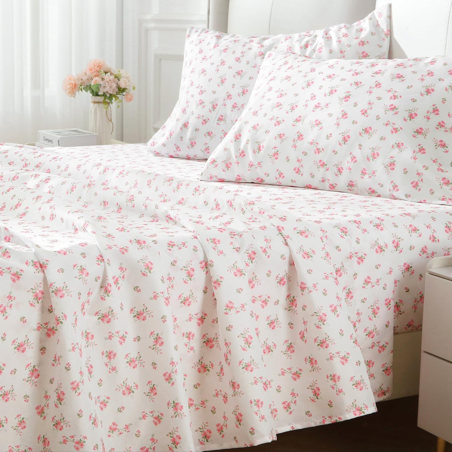 MUXHOMO King Size 4 Piece Sheet Set, Soft Breathable Bed Sheet Set for Bedroom with Deep Pocket Up to 16", Wrinkle-Free & Cooling Bedding for Oeko-TEX Certified - Blossoms Pink