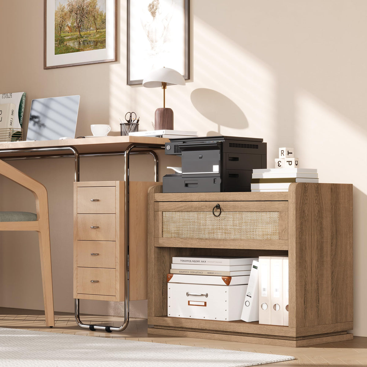 31" Wide Rattan Nightstand with Charging Station, End Side Table