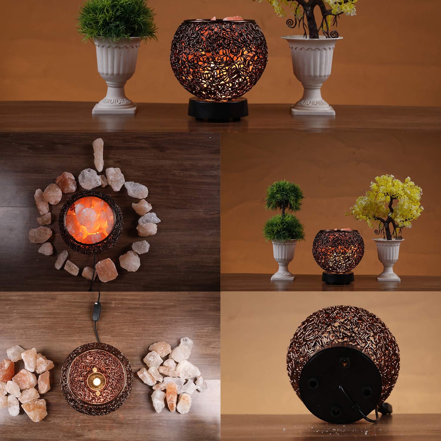 Plemo Natural Himalayan Salt Lamp with Genuine Wood Base in Classic Round Metal Basket with Dimmable Cord and Luxury Gift Box