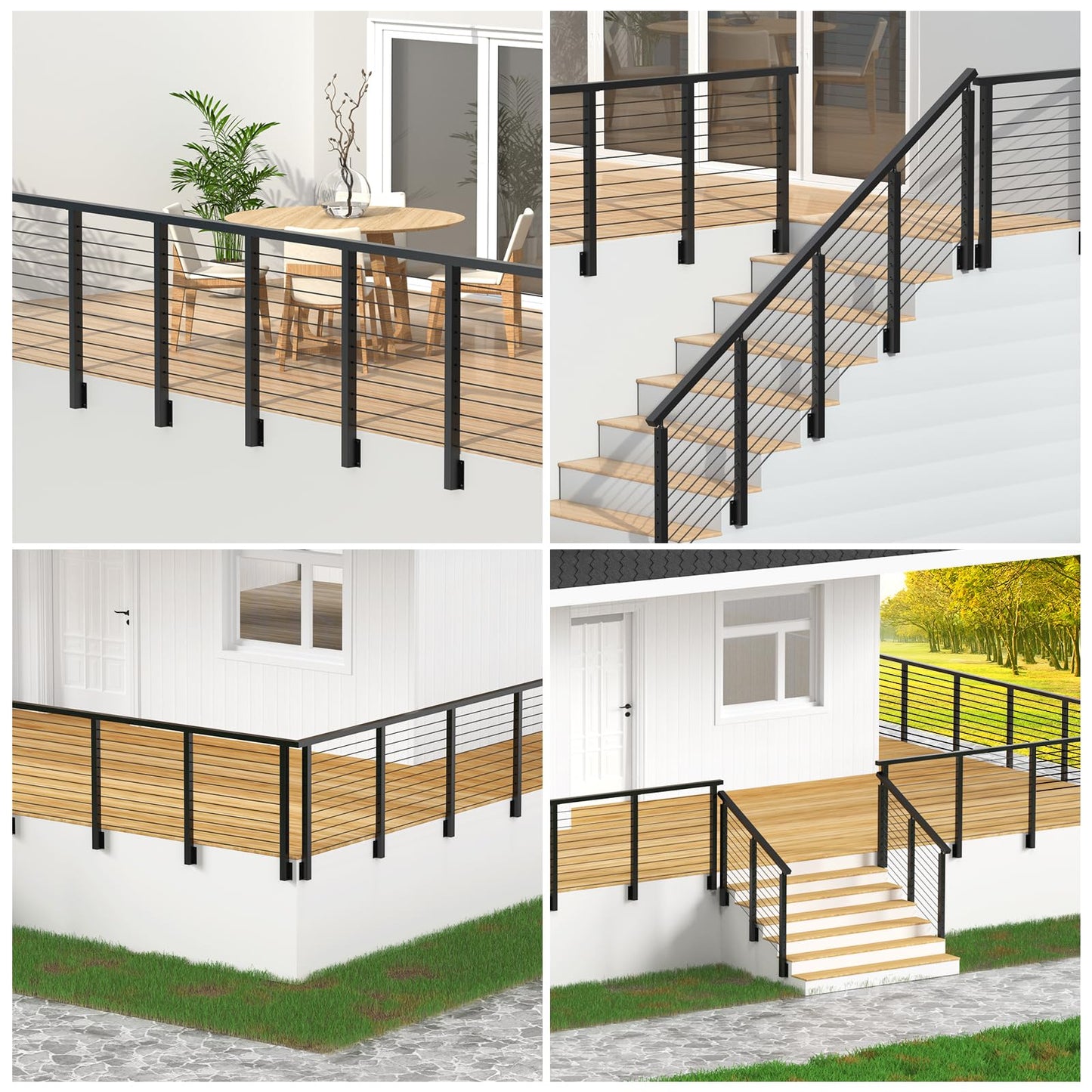 RailinGo 4-12FT 36" Side Mount Stair Railing Post Kits Include 2Pack Right Side Stair Posts, 150FT Wire Rope, Fasica Mount Swageless Stair Railing, 1/8" Stainless Steel Black Cable Railing Kits, RG73