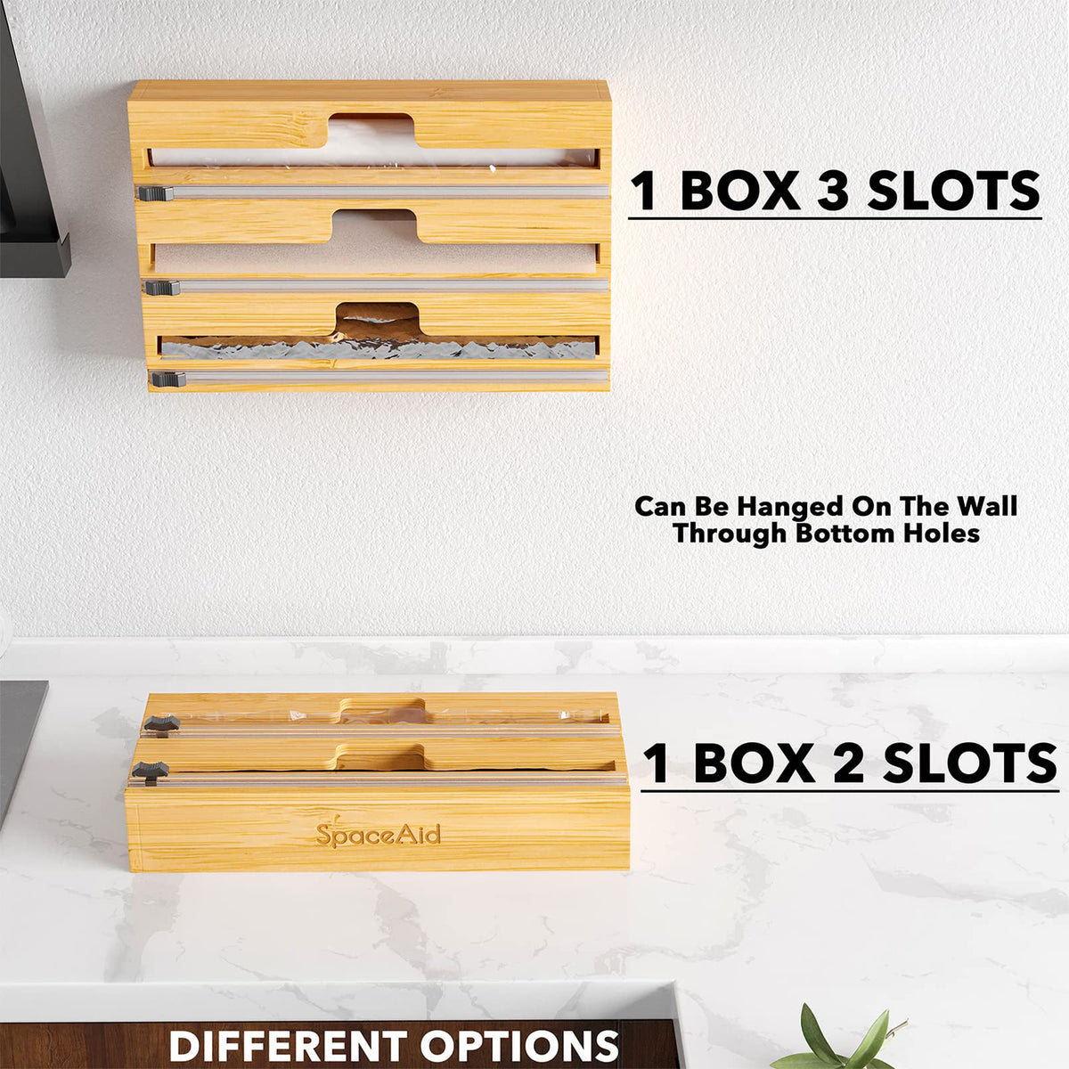 SpaceAid WrapNeat 3 in 1 Wrap Organizer with Cutter and Labels, Plastic Wrap, Aluminum Foil and Wax Bamboo Dispenser for Kitchen Storage Organization Holder for 12" Roll (Natural)