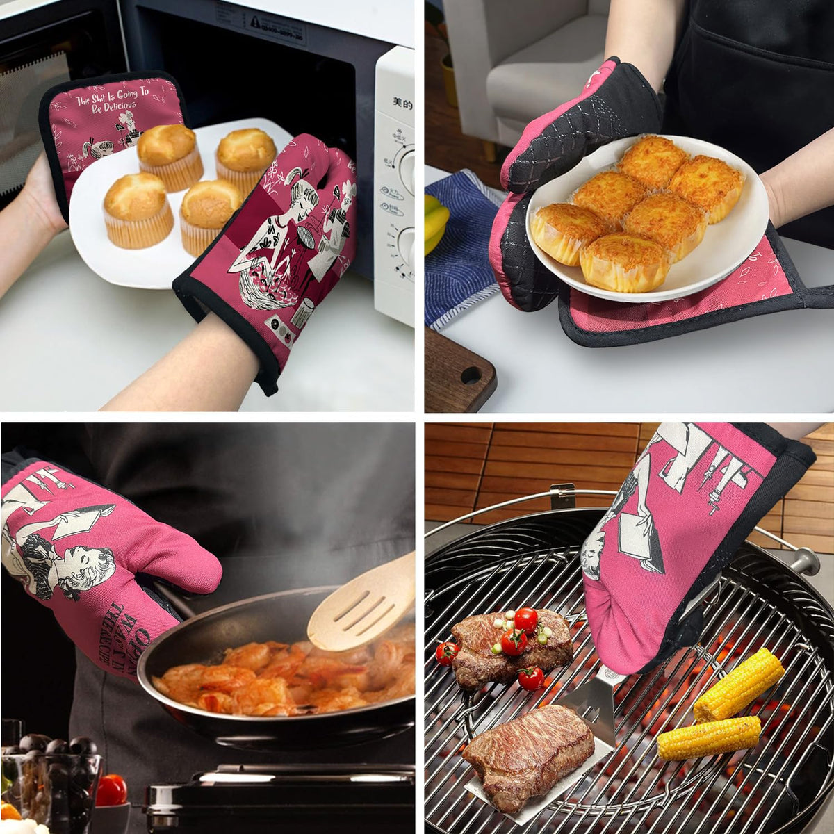 ZHANTUONE This Sxxt is Going to be Delicious Funny Heat Resistant Oven Mitts and Pot Holders Set with Silicone Non-Slip, Retro Adult Humor Cooking Baking BBQ Gadgets, Gifts for Chef Bakers Wife BFF