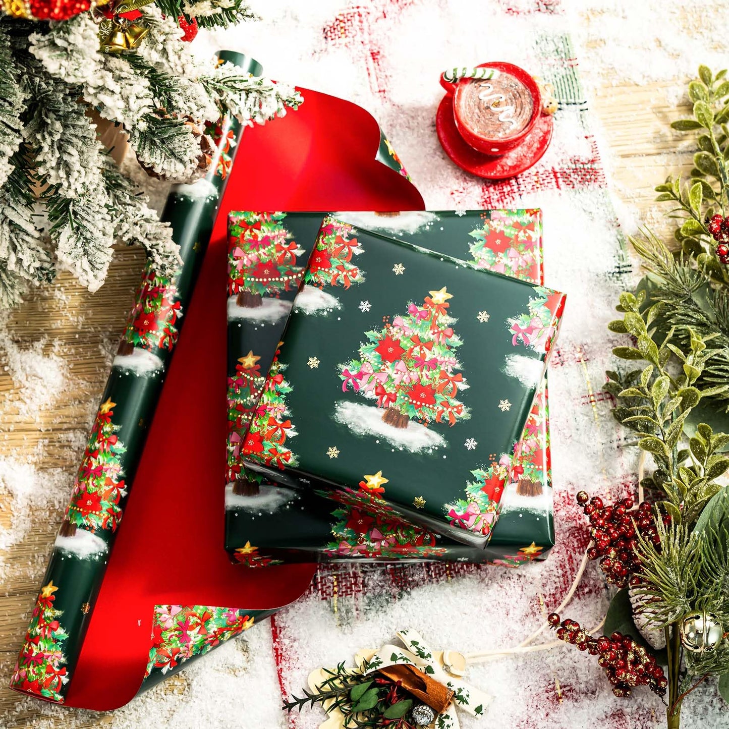 Burymento Christmas Wrapping Paper, Reversible Green Christmas Tree with Red Bow Design Gift Wrapping Paper Suitable for Holiday, Mini Roll (17 Inch X 32.8 Feet)