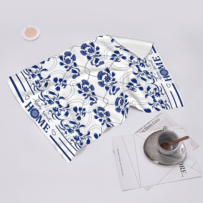 Blue Kitchen Towels Decorative Set of 2, Absorbent Boho Floral Dish Towels