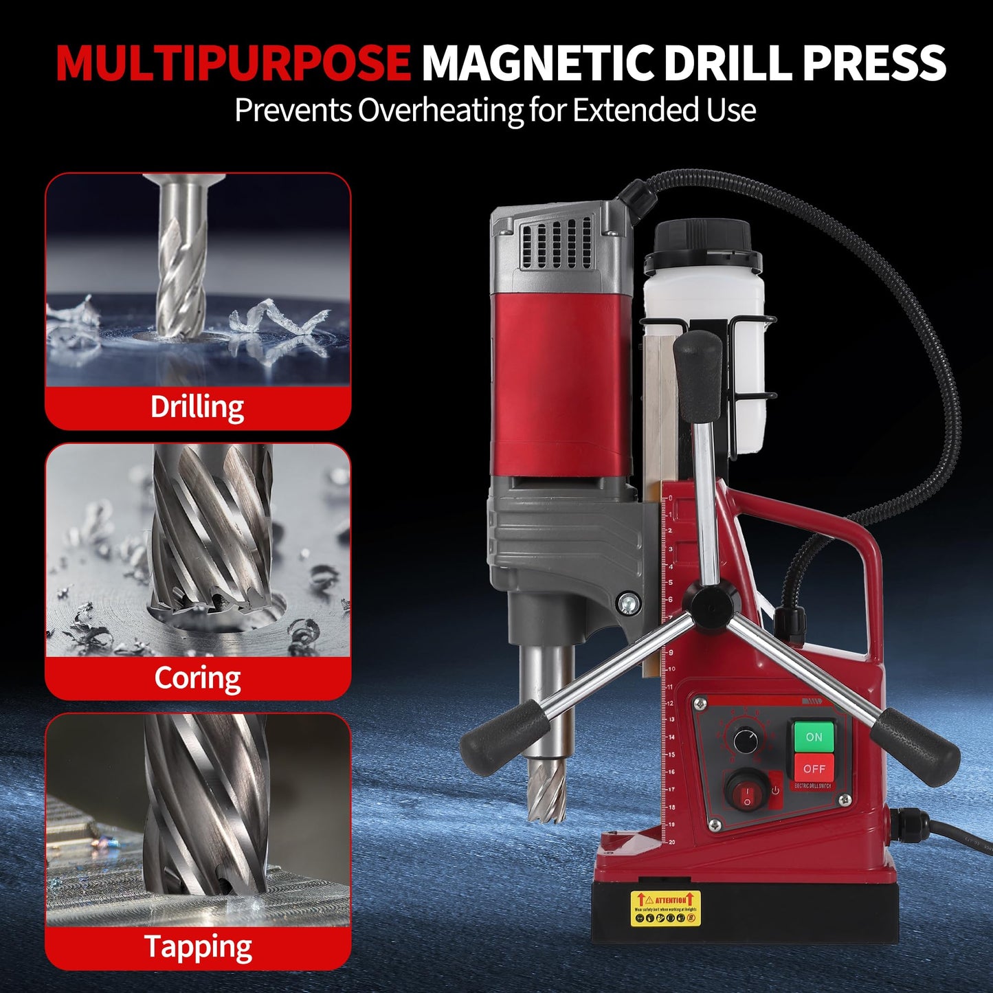 2 Inch Magnetic Drill Press, 210mm Max Stroke, 13000N Magnetic Force,1450W 820PRM Portable Electric Mag Drill Machine for Metal Drilling, Industrial Grade with Drill Chucks & Annular Cutters Kit