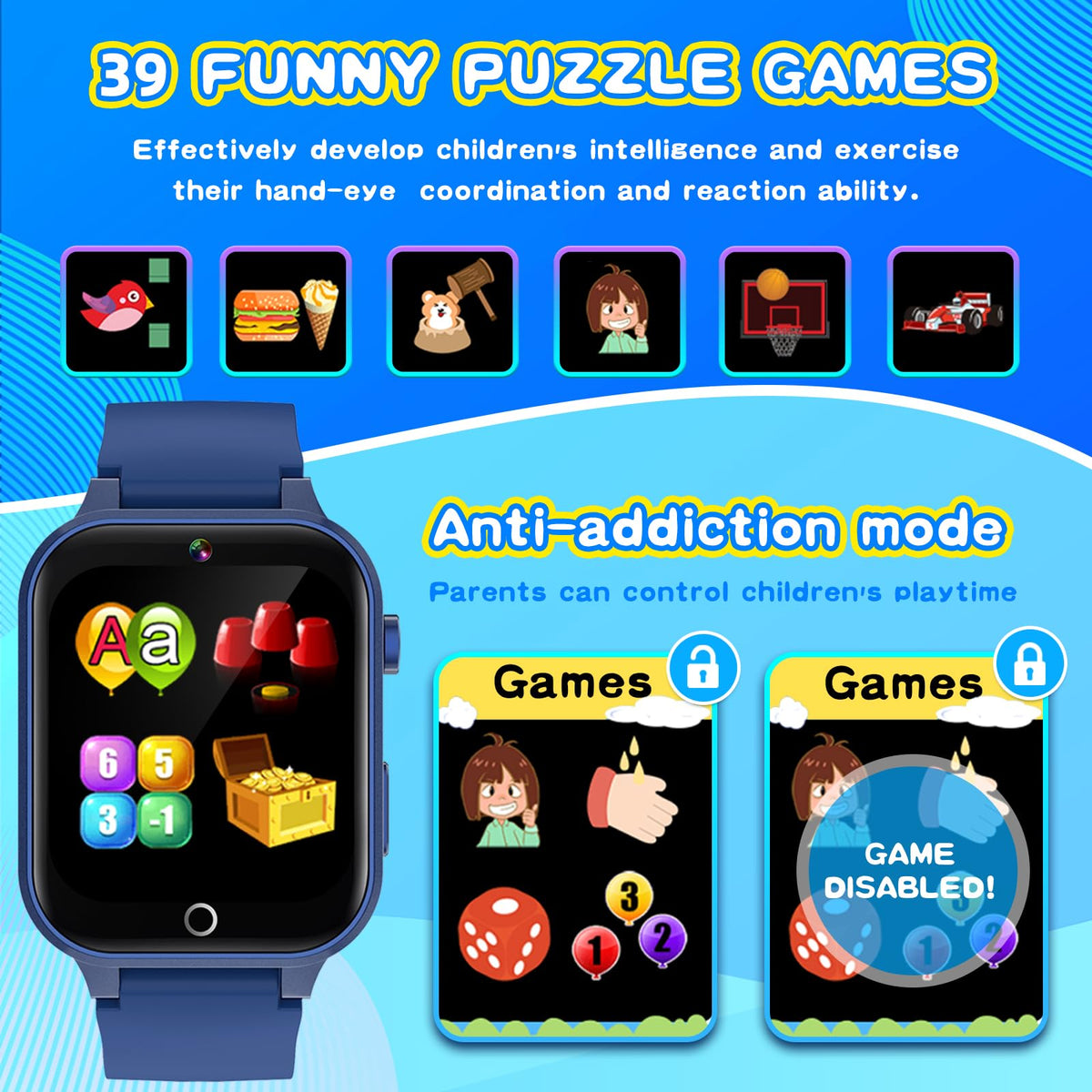 Cosjoype Upgrade Kids Smart Watch for Kids with 39 Puzzle Games HD Camera Video MP3 Player Habit Tracking Pedometer Flashlight 12/24 hr Kid Watches Gift for 4-12 Year Old Boys Toys for Kid