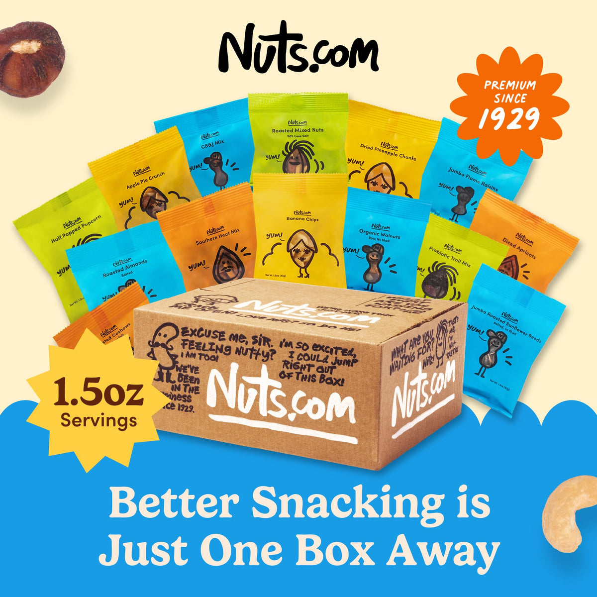 Nuts.com - Nuts and Dried Fruits Snack Box – Gourmet Mix Assortment for Festive Gifts – Package Includes Mixed Nuts, Dried Apricots & Fruits, Trail Mix, Heat Mix and Apple Pie Crunch