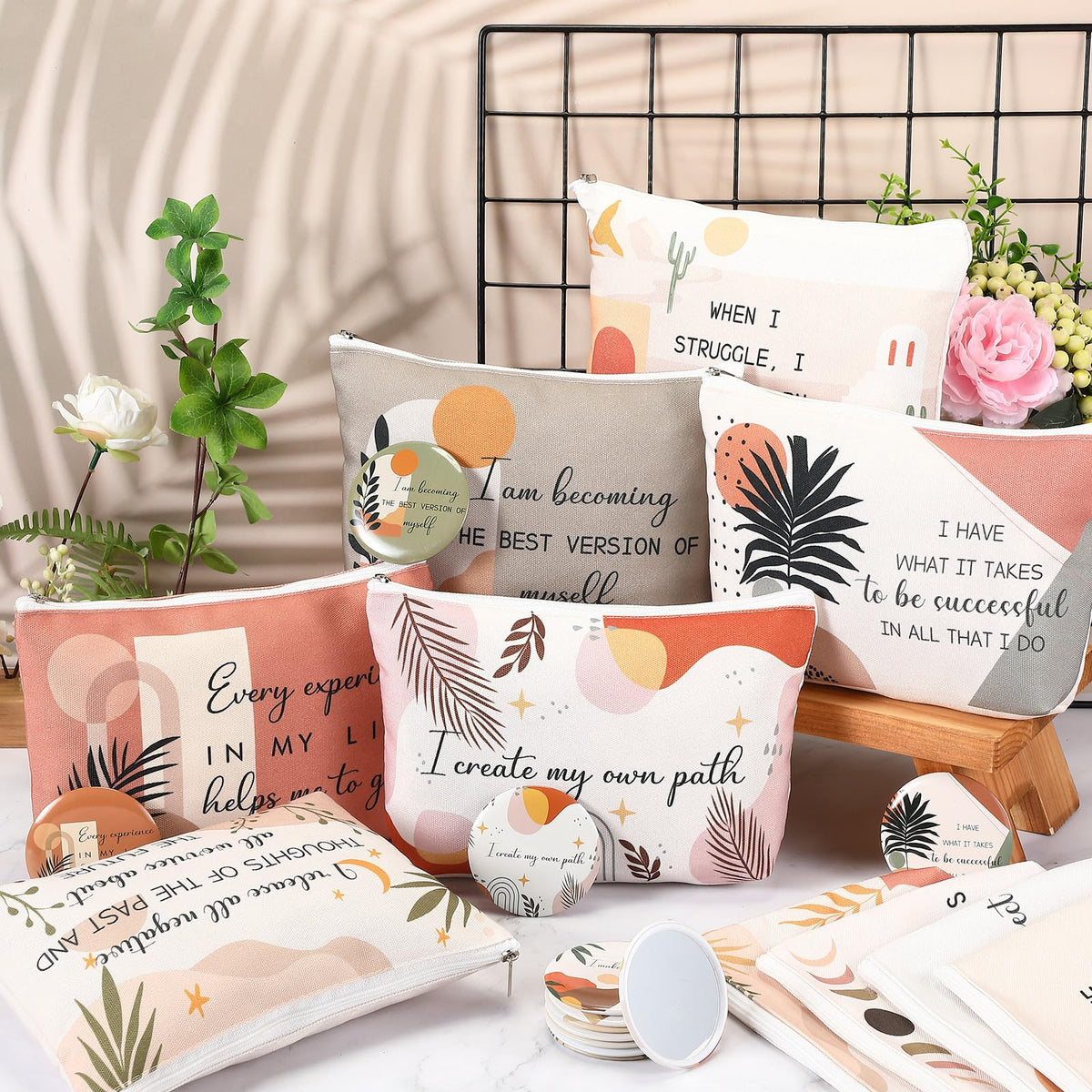 Kacctyen 24 Pcs Positive Affirmation Gift Set 12 Inspirational Canvas Makeup Bags 12 Daily Affirmations Mirrors Bulk Employee Appreciation Gifts for Women Stress Relief Self Care Gift(Bohemia)