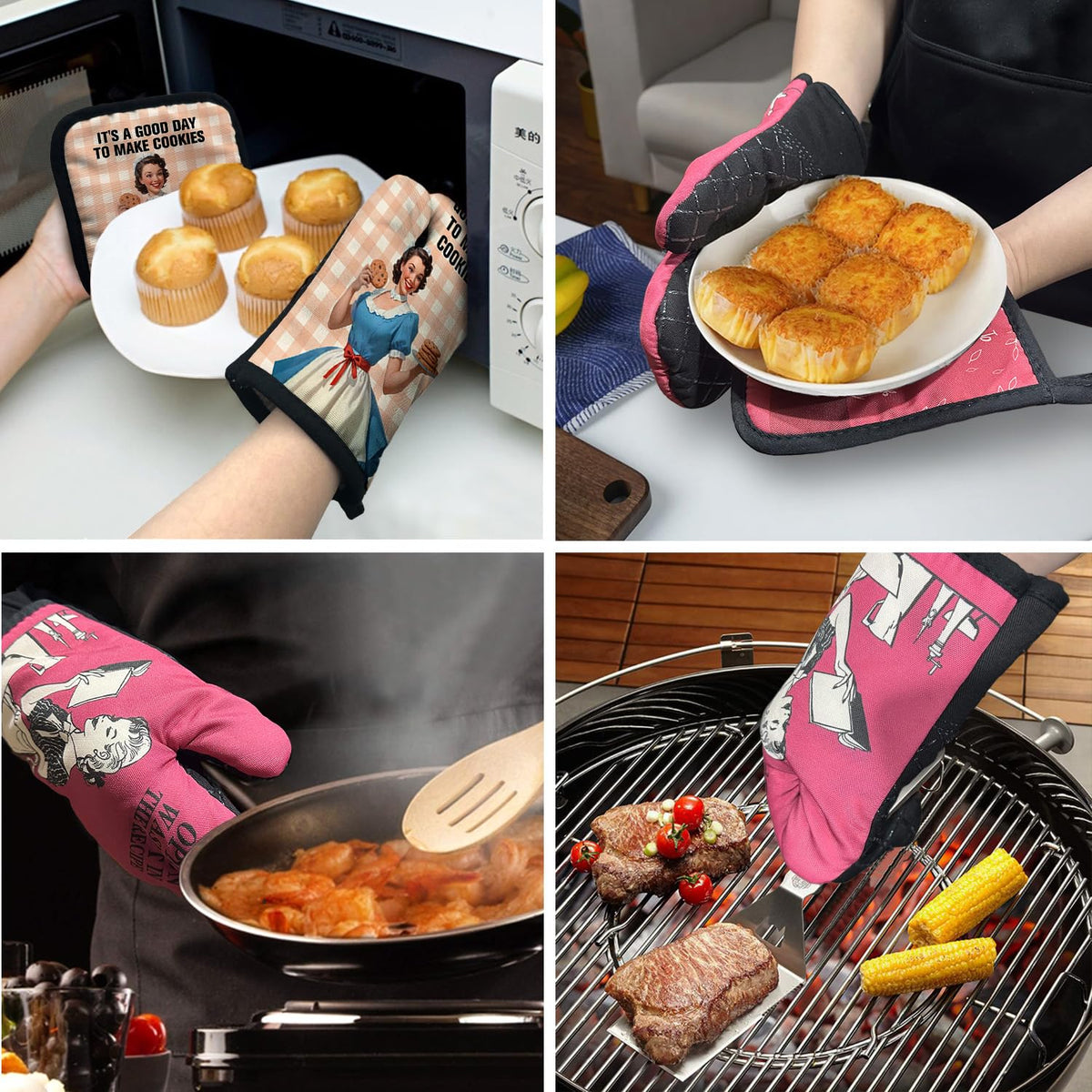 ZHANTUONE It's A Good Day to Make Cookies Funny Heat Resistant Oven Mitts and Pot Holders Set with Silicone Non-Slip, Vintage Lady Cookie Lovers Baking Gadgets, Gifts for Bake Lover Hostess Mom Wife