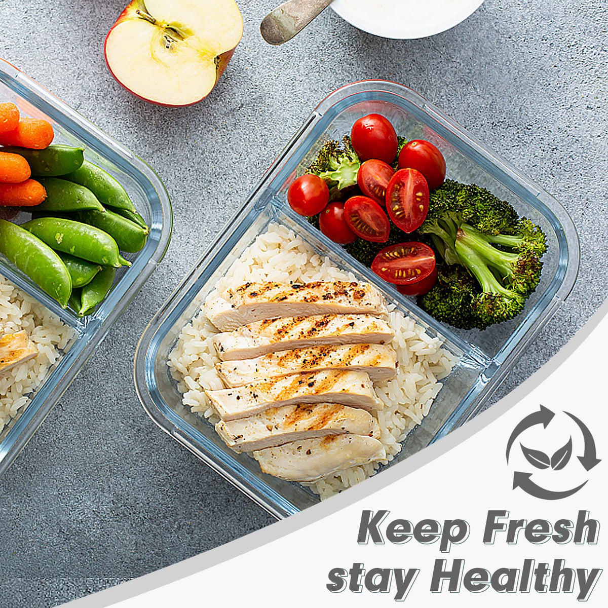 VERONES 10 Pack Glass Meal Prep Containers 2 Compartment Set, 30 OZ Airtight Glass Lunch Containers, Glass Food Storage Containers with Lids, for Microwave, Oven, Freezer & Dishwasher Friendly,White