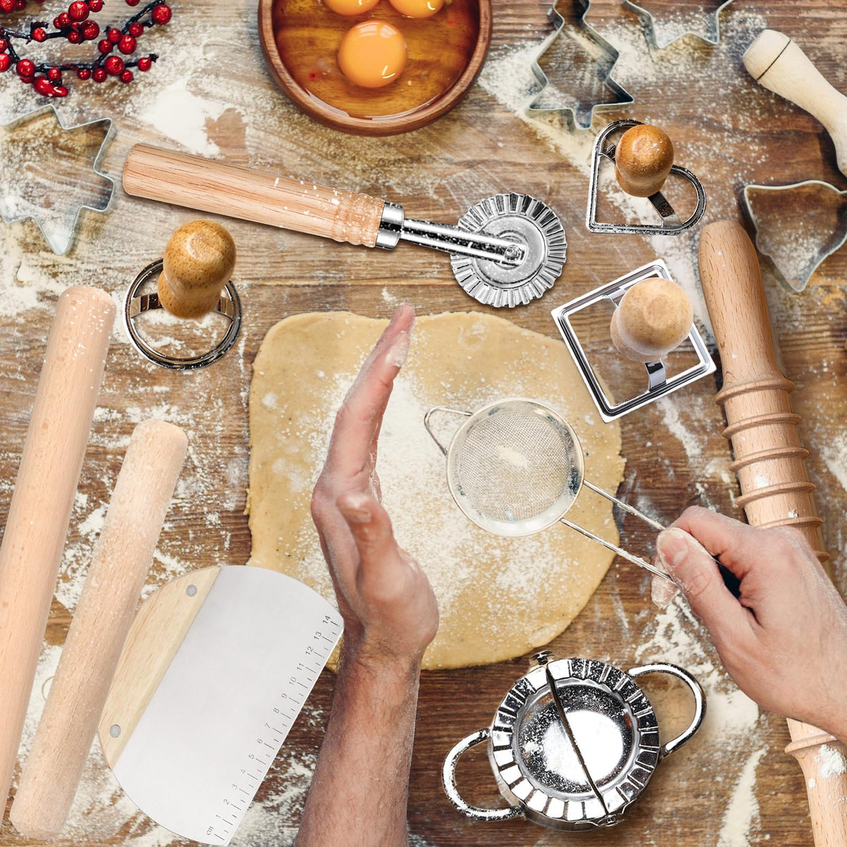 14 Pieces Pasta Making Tools Set, Ravioli Mold Set, Ravioli Maker with Roller Wheel, Ravioli Cutter Set with Wooden Handle, Pasta Making Kit for Ravioli Press Mold. Suitable for Home and Beginners