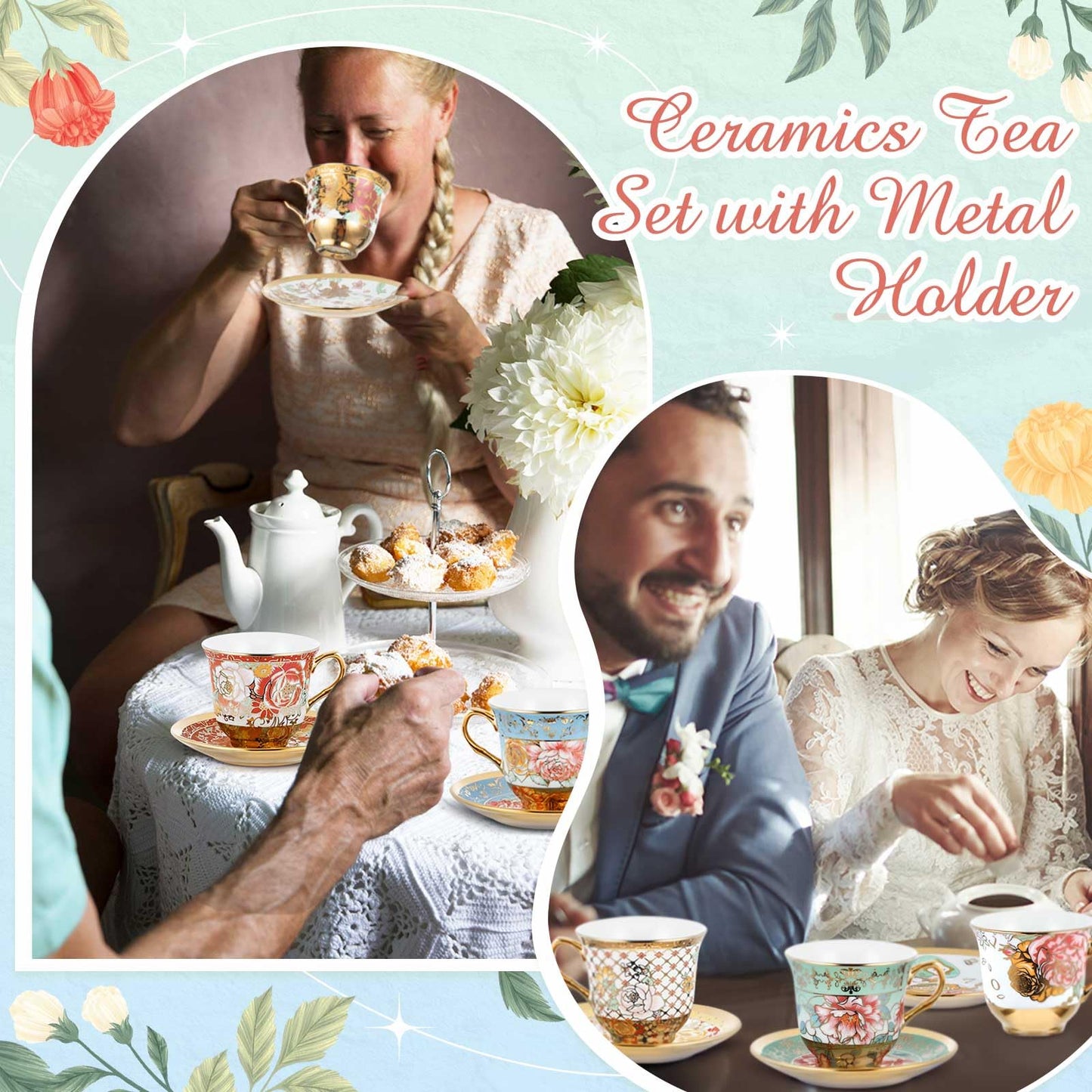 Teenyyou Set of 12 Tea Cups and Saucers Tea Party Decorations Floral Porcelain 7.4 oz British Gift for Women Birthday Party, Church, and Mother's Day (Stylish Style)