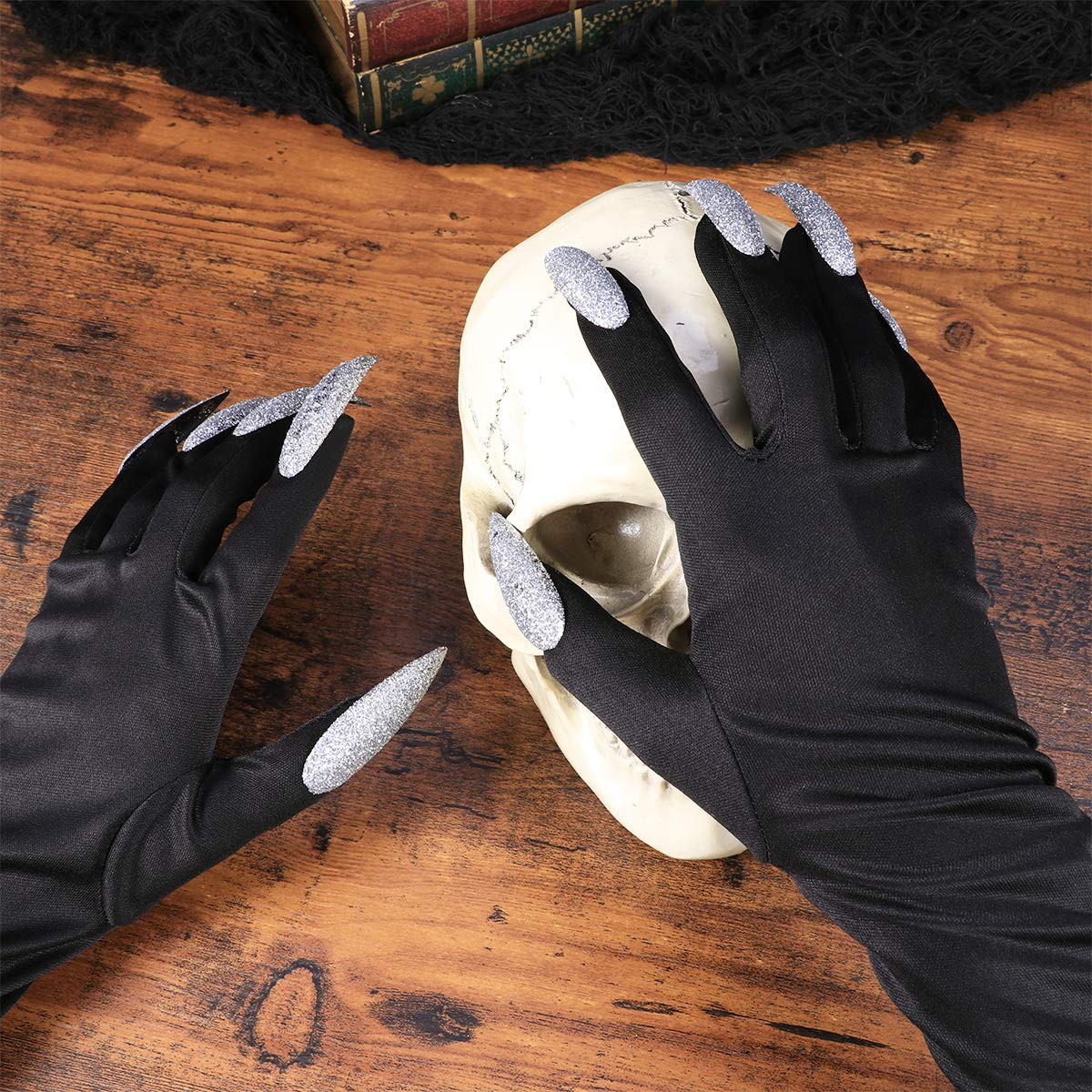 Amosfun Gloves Halloween Nails Halloween Party Costume Gloves Attached Long Fingernails,Pack of 2 (Black)…