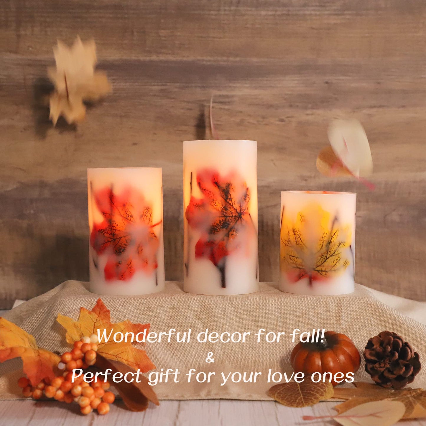 Crystal Club Fall Flameless Candles with Remote and Timer, Autumn Maple Leaves Battery Operated Candles Flickering LED Pillar Candles for Autumn Harvest Halloween Thanksgiving Decor