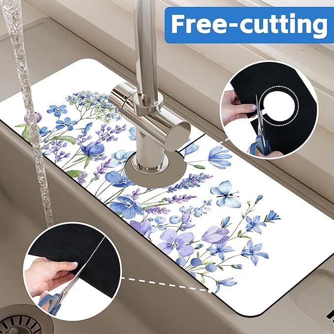 Watercolor Floral Butterfly Sink Faucet Absorbing Mat Sink Splash Guard Faucet