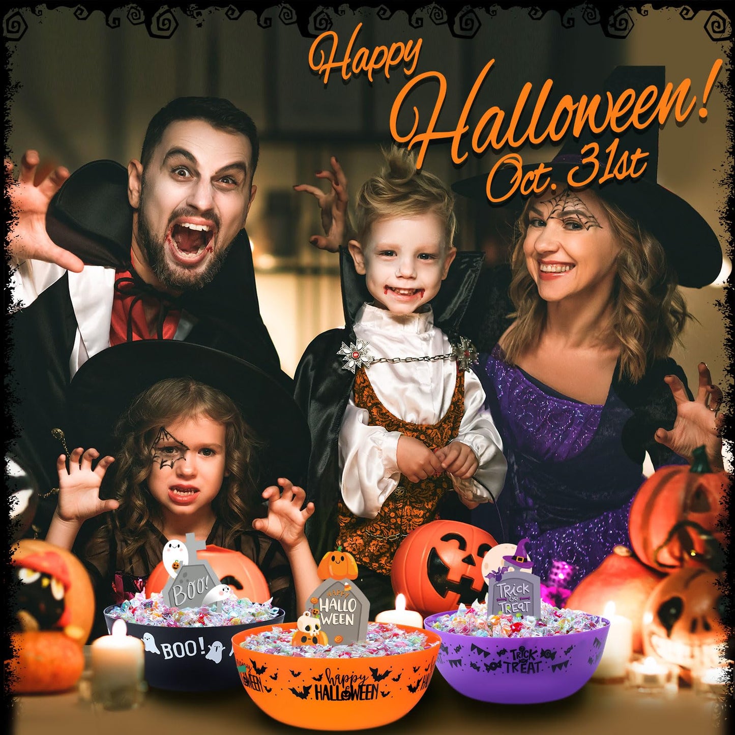 Tioncy 3 Set Large Halloween Candy Bowls with Tombstones Stands, Plastic Candy Dish Serving Bowls Treat Sweet Holders Party Decor Halloween Party Supplies