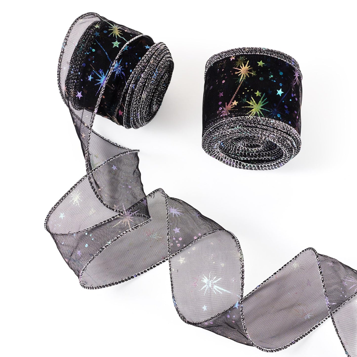 Beadthoven 20 Yards Organza Ribbon Black 2-1/8 inch Iridescent Glitter Star Print Sheer Ribbon Tulle Fabric Mesh Ribbons for Gift Wrapping, Bows, Floral Bouquets, DIY Crafts, Wedding, Party