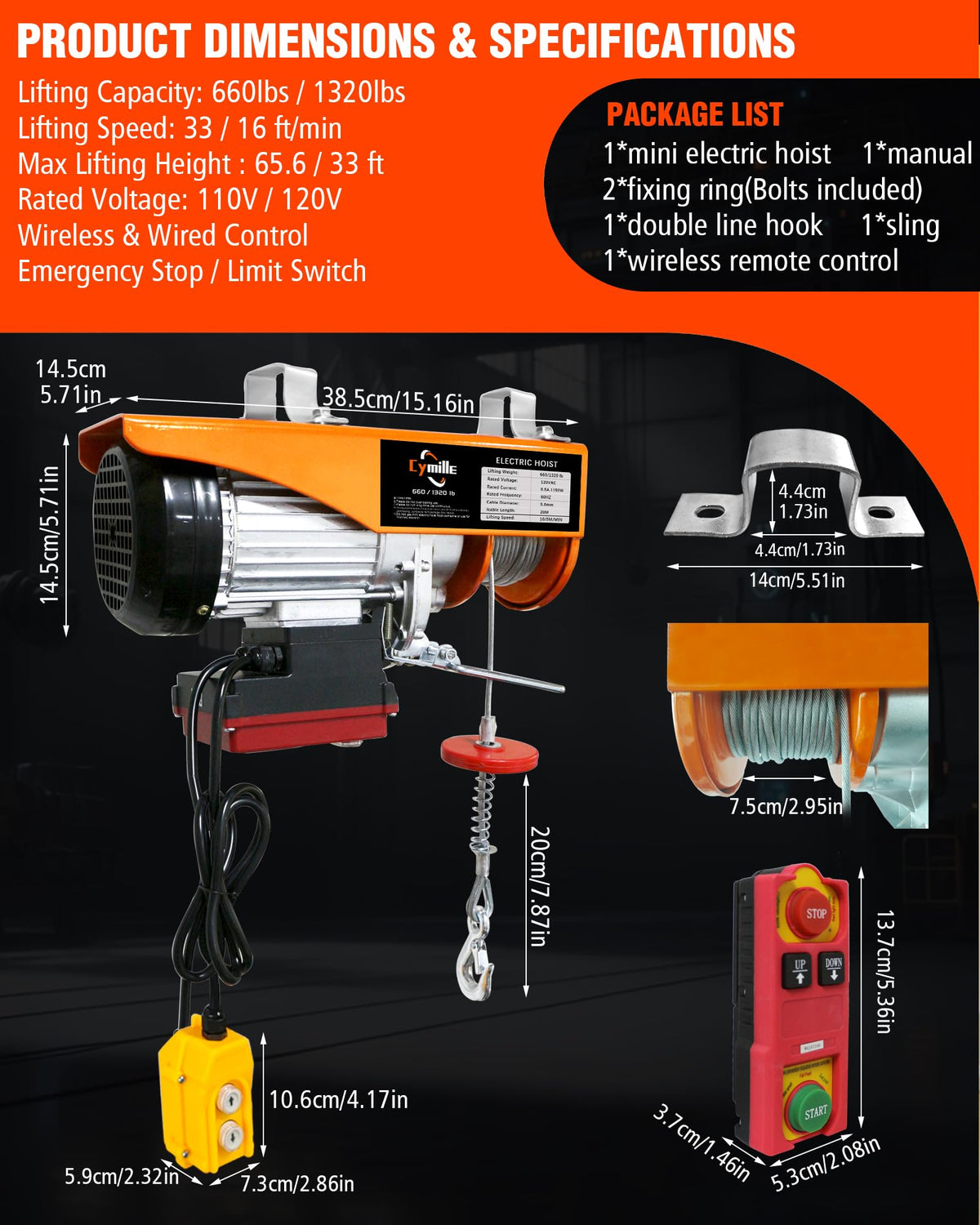 1320 lbs Electric Portable Hoist with Wireless/Wired Remote Control, Electric Hoist 110V, 16ft/33 ft/min Fast Lifting, 65.6 ft Height for Garage, Attic, Warehouse, Factory, Construction Site