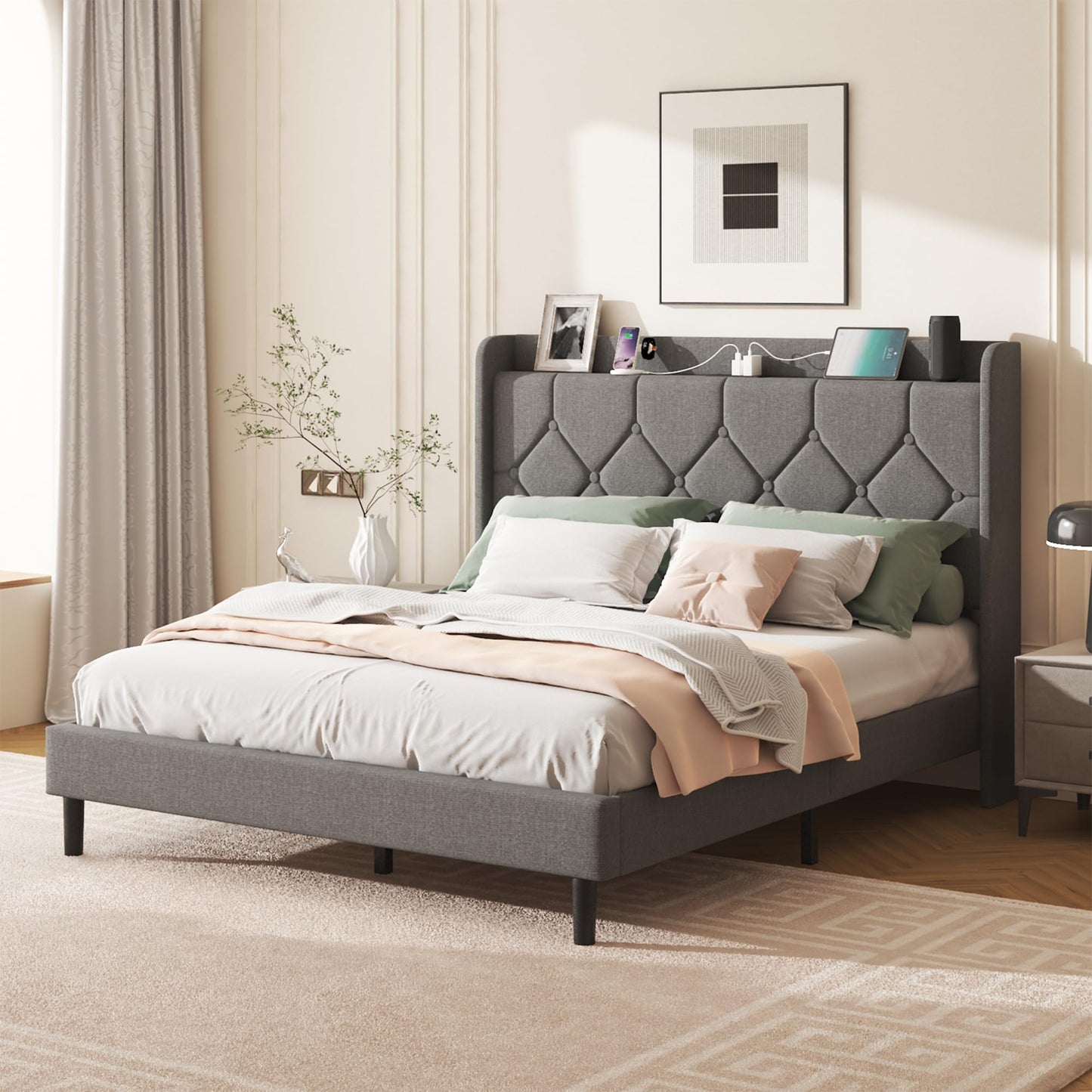 Lcwtvgxr Queen Size Bed Frame with Diamond Tufted Linen Headboard & Storage Shelf, Upholstered Platform Bed with Wood Slats & Sturdy Metal Frames, No Box Spring Needed, Easy Assembly, Gray